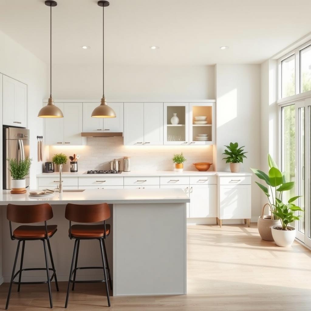 A beautifully redesigned small kitchen that showcases smart renovation tips, highlighting efficient layout and optimal use of space. In the foreground, a stylish kitchen island with bar stools, featuring modern appliances and organized cooking utensils. The middle ground displays sleek cabinets, contemporary hardware, and a well-arranged pantry, emphasizing functionality. In the background, large windows allow natural light to fill the space, creating a warm and inviting atmosphere. The color palette consists of soft whites, light woods, and pops of greenery from potted plants. The scene is illuminated with soft, diffused lighting to enhance the cozy yet modern vibe, and captured at a slightly elevated angle to provide a comprehensive view of the kitchen's effectiveness and flow. A beautifully redesigned small kitchen that showcases smart renovation tips, highlighting efficient layout and optimal use of space. In the foreground, a stylish kitchen island with bar stools, featuring modern appliances and organized cooking utensils. The middle ground displays sleek cabinets, contemporary hardware, and a well-arranged pantry, emphasizing functionality. In the background, large windows allow natural light to fill the space, creating a warm and inviting atmosphere. The color palette consists of soft whites, light woods, and pops of greenery from potted plants. The scene is illuminated with soft, diffused lighting to enhance the cozy yet modern vibe, and captured at a slightly elevated angle to provide a comprehensive view of the kitchen's effectiveness and flow.