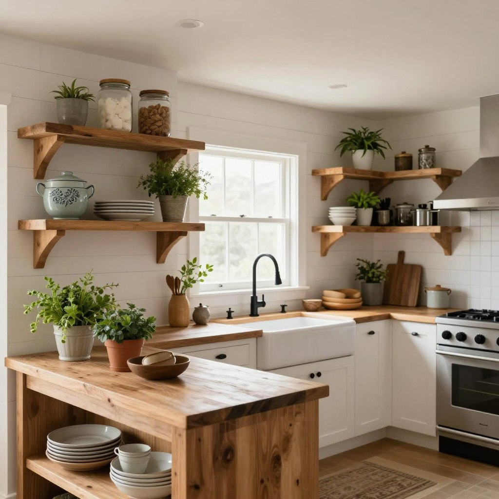 A beautifully remodeled farmhouse kitchen featuring open shelving that enhances visual space. In the foreground, rustic wooden shelves are adorned with vintage dishware, potted herbs, and decorative jars, showcasing a blend of functionality and aesthetics. The middle ground reveals a modern farmhouse sink with a matte black faucet, surrounded by white shiplap walls and warm wooden accents. The background showcases a bright window allowing soft, natural light to filter in, illuminating the space. Employ a slightly elevated angle to capture the depth and openness of the kitchen. The atmosphere is warm and inviting, evoking a cozy, lived-in feel, perfect for family gatherings and culinary creativity. The color palette includes earth tones, whites, and splashes of green from plants, creating a serene and welcoming environment.