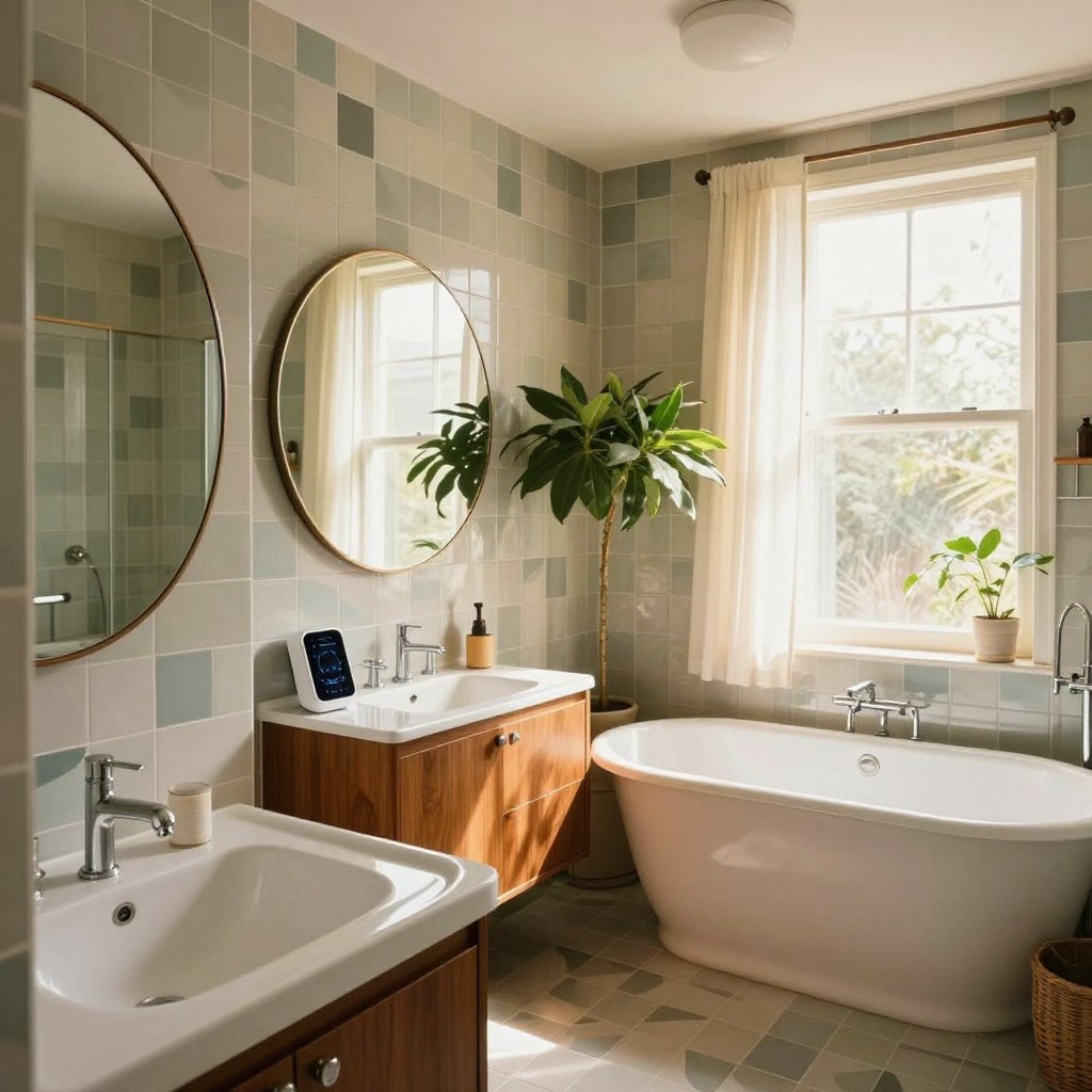 A beautifully renovated mid-century modern bathroom featuring iconic design elements such as geometric tiles, a vintage freestanding tub, and sleek wooden cabinetry. In the foreground, showcase a gleaming sink with a stylish faucet and neatly organized smart appliances subtly integrated into the space. The middle of the bathroom should highlight a large, circular mirror reflecting natural light, complemented by lush greenery to add warmth. In the background, include large windows allowing ample sunlight to filter through sheer curtains, enhancing the tranquil atmosphere. Utilize soft, daylight lighting with a slight golden hue to evoke a retro vibe. The angle should be slightly elevated, providing an overview of the entire room, capturing both elegance and functionality in a harmonious blend of retro aesthetics and modern technology. A beautifully renovated mid-century modern bathroom featuring iconic design elements such as geometric tiles, a vintage freestanding tub, and sleek wooden cabinetry. In the foreground, showcase a gleaming sink with a stylish faucet and neatly organized smart appliances subtly integrated into the space. The middle of the bathroom should highlight a large, circular mirror reflecting natural light, complemented by lush greenery to add warmth. In the background, include large windows allowing ample sunlight to filter through sheer curtains, enhancing the tranquil atmosphere. Utilize soft, daylight lighting with a slight golden hue to evoke a retro vibe. The angle should be slightly elevated, providing an overview of the entire room, capturing both elegance and functionality in a harmonious blend of retro aesthetics and modern technology.