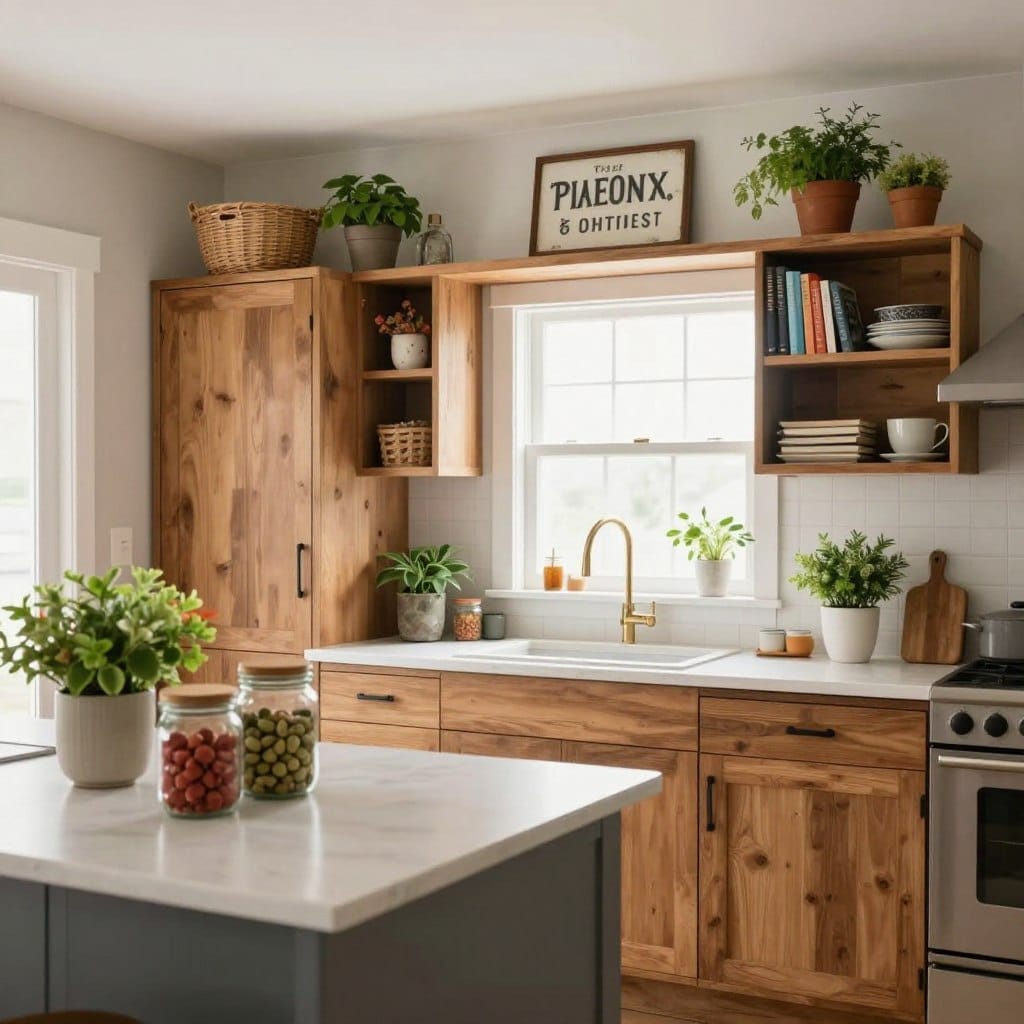 A beautifully renovated small kitchen featuring creative storage solutions above the cabinets. In the foreground, an inviting kitchen island showcases elegant jars and colorful plants. The middle space includes tall cabinets with a rustic wooden finish, adorned with decorative baskets and neatly organized cookbooks on the upper shelves. Above the cabinets, unique decor pieces like vintage signs and potted herbs create a charming atmosphere. The background reveals a spacious, bright window that floods the room with natural light, enhancing a warm, cozy feel. Captured with a soft-focus lens, the scene evokes a sense of home and clever design, ideal for maximizing space in a small kitchen. The overall mood is warm, inviting, and creatively organized, with no distractions or text elements.
