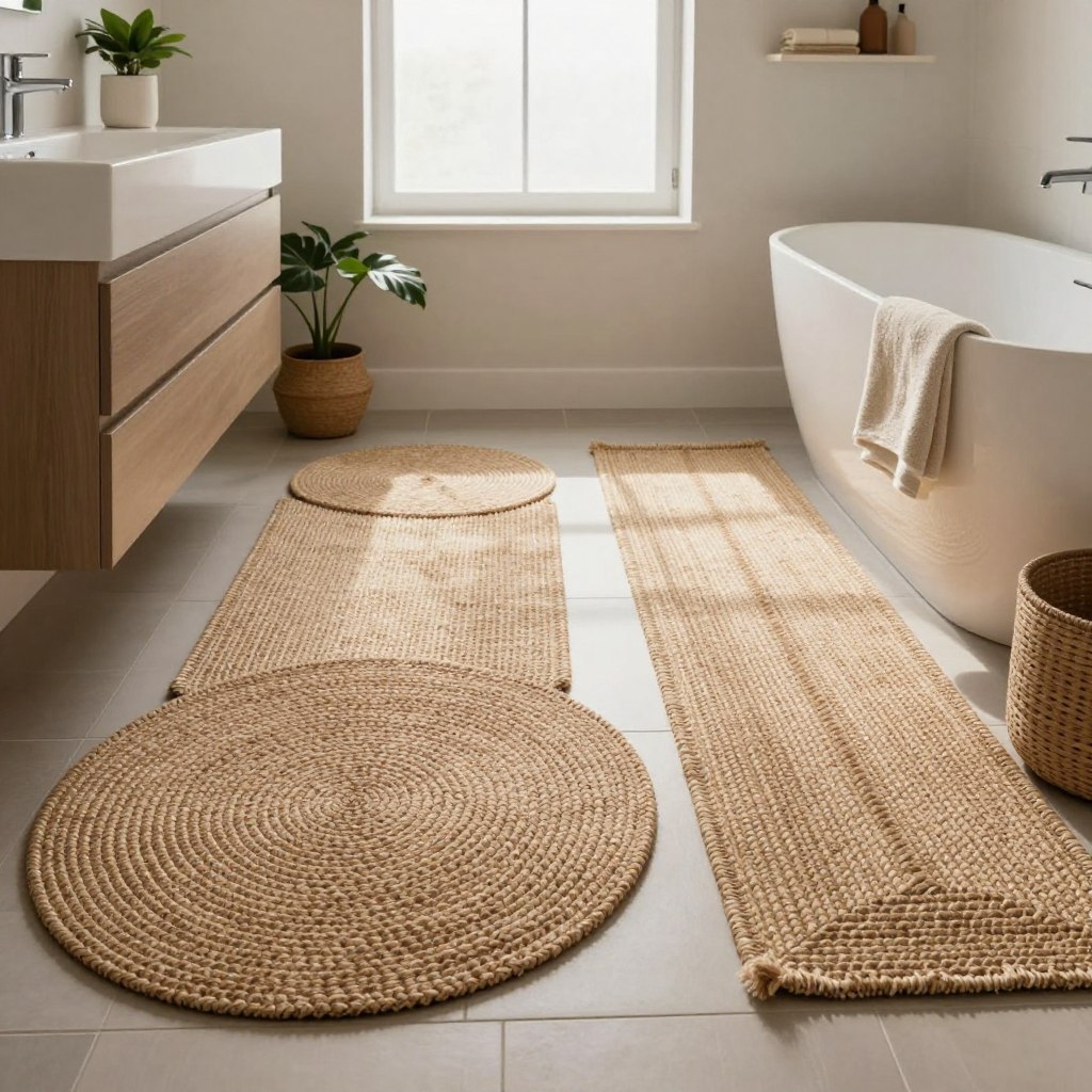 A beautifully styled bathroom featuring textured jute accent rugs in various shapes and sizes. In the foreground, a round jute rug with intricate weaving patterns contrasts with a longer runner rug, both placed gracefully on a tiled floor. The middle section showcases a modern, minimalist bathroom with elegant fixtures, including a sleek vanity and a compact bathtub. Natural light streams in through a frosted window, casting soft shadows and creating a warm, inviting atmosphere. Decorative elements such as potted plants and neutral-toned towels add subtle pops of color, enhancing the serenity of the space. The camera angle captures the rugs prominently, emphasizing their texture and organic appeal, with a focus on creating a cozy and modern vibe perfect for small spaces. A beautifully styled bathroom featuring textured jute accent rugs in various shapes and sizes. In the foreground, a round jute rug with intricate weaving patterns contrasts with a longer runner rug, both placed gracefully on a tiled floor. The middle section showcases a modern, minimalist bathroom with elegant fixtures, including a sleek vanity and a compact bathtub. Natural light streams in through a frosted window, casting soft shadows and creating a warm, inviting atmosphere. Decorative elements such as potted plants and neutral-toned towels add subtle pops of color, enhancing the serenity of the space. The camera angle captures the rugs prominently, emphasizing their texture and organic appeal, with a focus on creating a cozy and modern vibe perfect for small spaces.