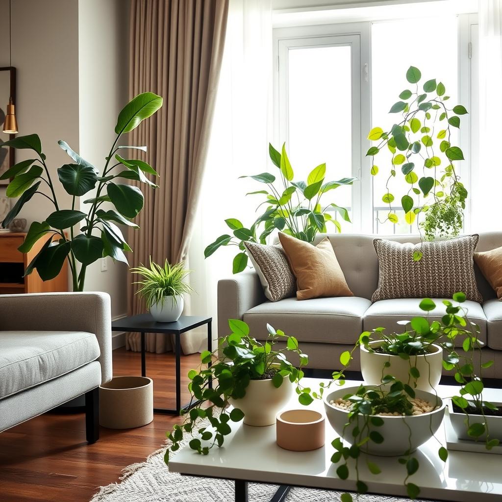 A beautifully styled indoor living space featuring a "high-low plant styling hack." In the foreground, an elegant, tall floor plant like a fiddle leaf fig stands next to a cozy accent chair, while a carefully arranged lower plant, such as a pothos or snake plant, is placed on a sleek side table. In the middle ground, a modern coffee table showcases a mix of both upscale and budget-friendly planters, with vibrant greenery cascading gracefully. The background reveals a bright, airy window with soft natural light pouring in, illuminating the plants and creating a warm atmosphere. Use a wide-angle lens to capture the entire scene, emphasizing depth and inviting a sense of tranquility. The mood is peaceful, fresh, and stylish, showcasing the clever combination of high and low plant decor.