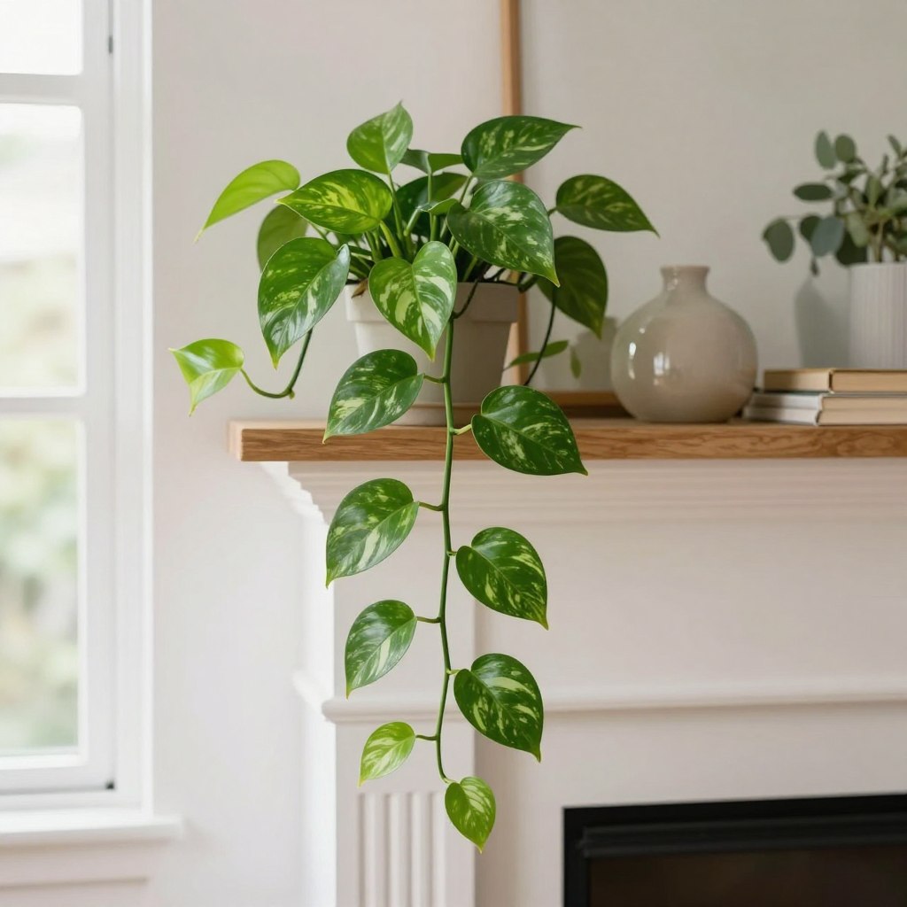 A beautifully styled indoor scene featuring a lush Pothos plant gracefully trailing over a cozy shelf decorated with neutral-colored decor. In the foreground, the vibrant green leaves of the Pothos cascade down elegantly, showcasing their heart-shaped form and variegated patterns. The middle ground includes a wooden mantel holding a few carefully arranged decorative items, such as a ceramic vase and a small stack of books, adding warmth to the atmosphere. In the background, soft natural light filters in through a nearby window, creating a serene and inviting ambiance. The overall mood is fresh and chic, perfect for elevating apartment living spaces. Capture the image with a wide-angle lens to emphasize the trailing effect of the plant, ensuring a bright and airy tone throughout. A beautifully styled indoor scene featuring a lush Pothos plant gracefully trailing over a cozy shelf decorated with neutral-colored decor. In the foreground, the vibrant green leaves of the Pothos cascade down elegantly, showcasing their heart-shaped form and variegated patterns. The middle ground includes a wooden mantel holding a few carefully arranged decorative items, such as a ceramic vase and a small stack of books, adding warmth to the atmosphere. In the background, soft natural light filters in through a nearby window, creating a serene and inviting ambiance. The overall mood is fresh and chic, perfect for elevating apartment living spaces. Capture the image with a wide-angle lens to emphasize the trailing effect of the plant, ensuring a bright and airy tone throughout.