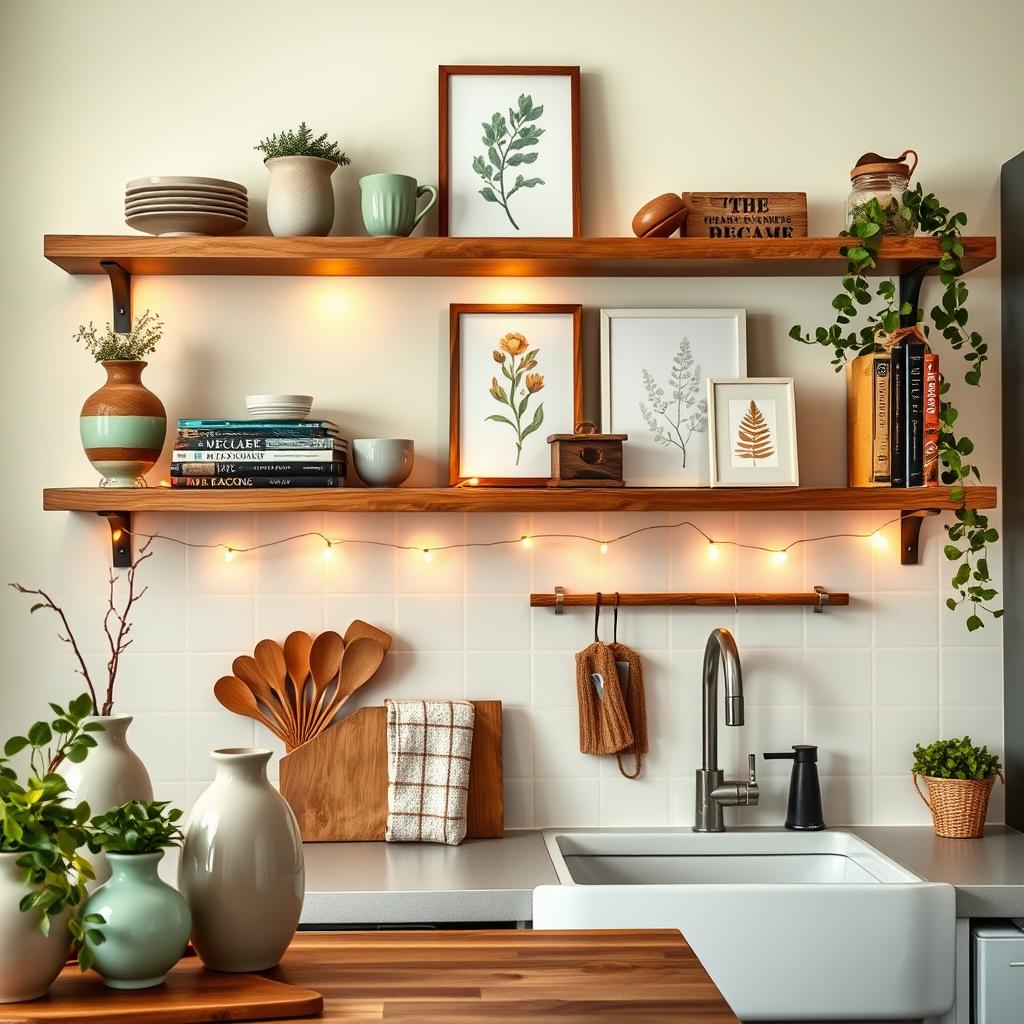 A beautifully styled kitchen shelf display showcasing clever decor ideas. In the foreground, there are elegant ceramic vases with fresh herbs, colorful kitchen utensils, and artful cookbooks stacked at varying angles. In the middle, a sleek wooden shelf extends across a pastel-painted wall, adorned with warm fairy lights that softly illuminate the items, casting gentle shadows. Subtle touches, like framed botanical prints and a rustic wooden sign, enhance the cozy ambiance. In the background, hints of a well-organized kitchen are visible, featuring a modern sink and subtle greenery. The image captures a warm, inviting mood, with soft, natural lighting that accentuates the textures and colors, inviting viewers to explore the art of kitchen styling and lighting techniques. Ideal for showcasing the beauty of functional decor. A beautifully styled kitchen shelf display showcasing clever decor ideas. In the foreground, there are elegant ceramic vases with fresh herbs, colorful kitchen utensils, and artful cookbooks stacked at varying angles. In the middle, a sleek wooden shelf extends across a pastel-painted wall, adorned with warm fairy lights that softly illuminate the items, casting gentle shadows. Subtle touches, like framed botanical prints and a rustic wooden sign, enhance the cozy ambiance. In the background, hints of a well-organized kitchen are visible, featuring a modern sink and subtle greenery. The image captures a warm, inviting mood, with soft, natural lighting that accentuates the textures and colors, inviting viewers to explore the art of kitchen styling and lighting techniques. Ideal for showcasing the beauty of functional decor.