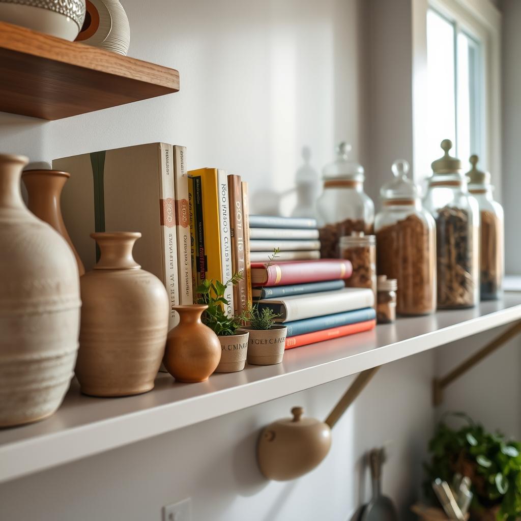 A beautifully styled kitchen shelf featuring a layered decor display, showcasing various elements for depth and dimension. In the foreground, an assortment of textured ceramic vases in muted earth tones, gracefully arranged. The middle section highlights an array of cookbooks with colorful spines, interspersed with small potted herbs, adding a fresh touch. In the background, elegant glass jars filled with cooking ingredients create a warm, inviting atmosphere. Soft, natural light filters through a nearby window, casting gentle shadows and enhancing the cozy mood. The camera angle captures the shelves at eye level, providing an immersive view of the thoughtful layering techniques employed in the arrangement. A beautifully styled kitchen shelf featuring a layered decor display, showcasing various elements for depth and dimension. In the foreground, an assortment of textured ceramic vases in muted earth tones, gracefully arranged. The middle section highlights an array of cookbooks with colorful spines, interspersed with small potted herbs, adding a fresh touch. In the background, elegant glass jars filled with cooking ingredients create a warm, inviting atmosphere. Soft, natural light filters through a nearby window, casting gentle shadows and enhancing the cozy mood. The camera angle captures the shelves at eye level, providing an immersive view of the thoughtful layering techniques employed in the arrangement.
