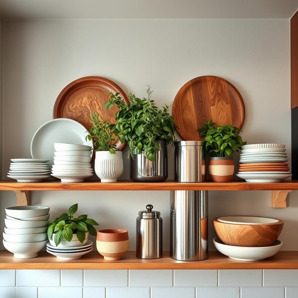 A beautifully styled kitchen shelf featuring a mix of textures for visual interest. In the foreground, display an assortment of elegant ceramic dishes arranged harmoniously with rustic wooden bowls. In the middle, incorporate lush greenery from potted herbs like basil and rosemary, juxtaposed with metallic accents such as a sleek, modern coffee canister. The background showcases a textured wall with light grey paint, allowing the shelf decor to pop. Soft, warm lighting shines down, creating inviting shadows, while a wide-angle view captures the entire shelf design. The atmosphere is cozy and creative, emphasizing the harmonious blend of different materials, colors, and shapes that draw the eye and inspire kitchen styling.