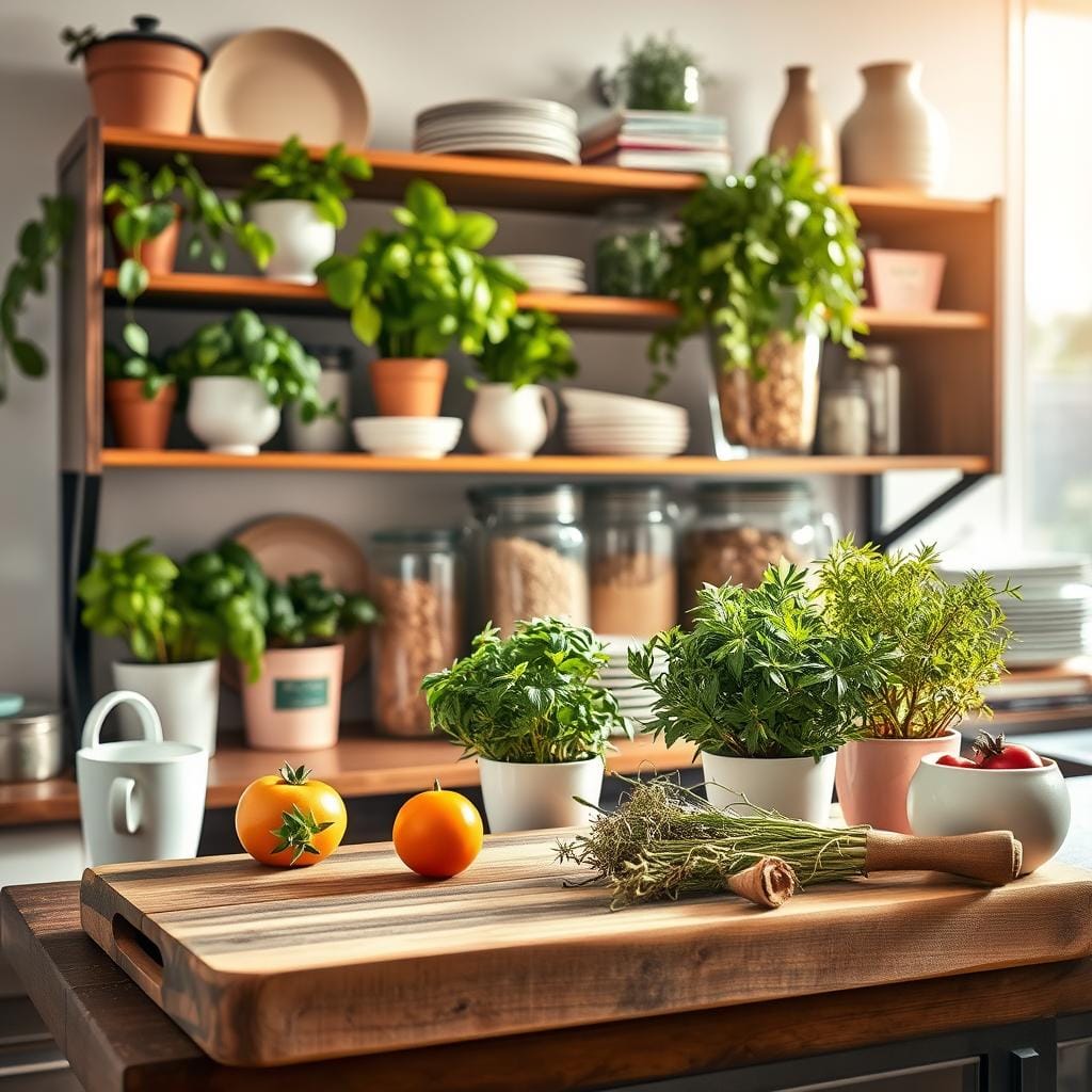 A beautifully styled kitchen shelf filled with vibrant elements, showcasing an array of potted kitchen herbs like basil, thyme, and rosemary, nestled among elegantly arranged ceramic dishware in soft pastels. The foreground features a rustic wooden cutting board with fresh vegetables and a small succulent plant, adding a touch of green. In the middle, the shelves are organized harmoniously, combining different textures and heights, with glass jars filled with grains and a stack of cookbooks adding depth. The background is softly blurred to highlight the shelf, with warm, natural lighting streaming in from a nearby window, creating a cozy and inviting atmosphere. The overall mood is lively yet serene, perfect for inspiring vibrant kitchen decor.