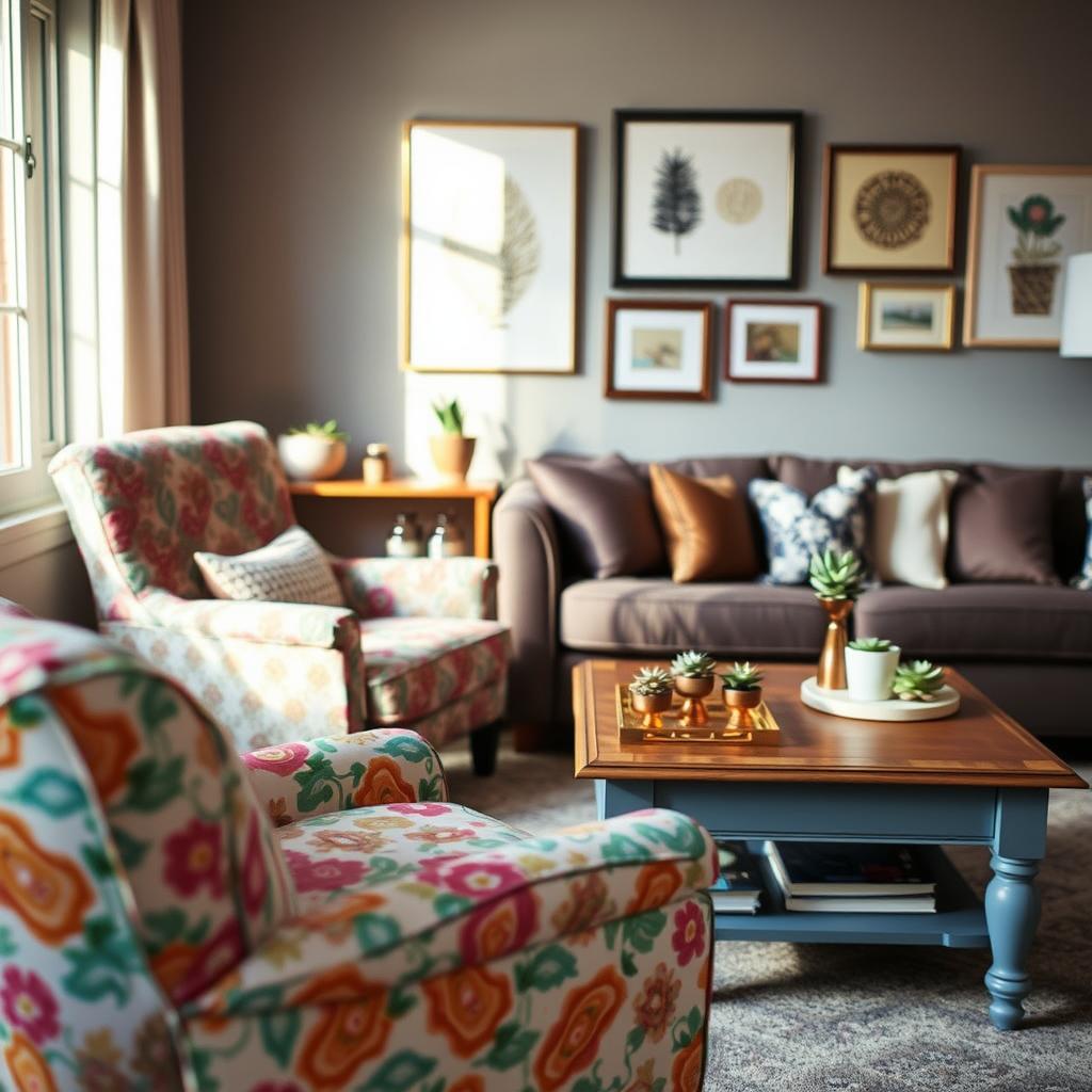 A beautifully styled living room scene showcasing budget-friendly furniture makeovers. In the foreground, a cozy armchair is creatively upholstered with a vibrant, patterned fabric, and a refurbished wooden coffee table with a fresh paint job. The middle ground features a chic, DIY decorative shelf filled with succulents and artful trinkets. In the background, a wall adorned with handmade wall art and plush throw pillows adds a touch of elegance. The lighting is warm and inviting, sourced from a nearby window that casts soft shadows. A shallow depth of field draws attention to the meticulously curated decor. The mood is inspiring and uplifting, capturing the essence of creative DIY furniture projects that evoke a sense of style without spending much.