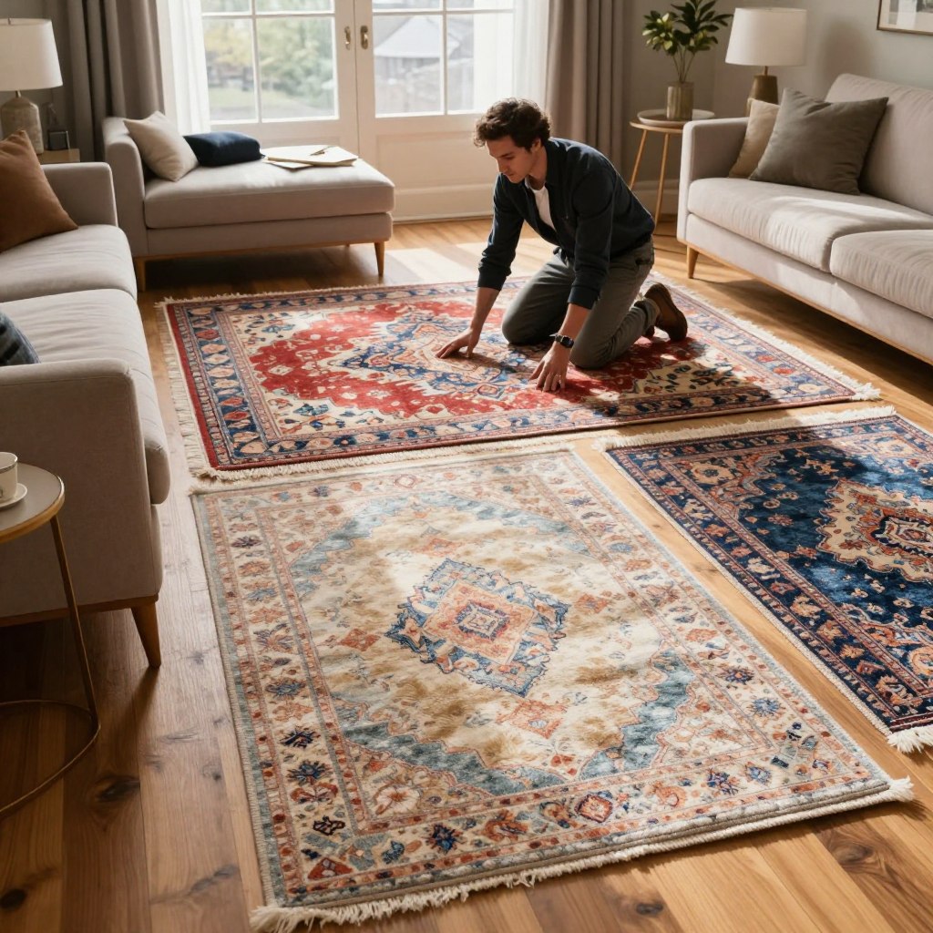 A beautifully styled living room setting featuring a diverse selection of rugs laid out on a wooden floor, showcasing various styles, sizes, and materials. In the foreground, a modern, plush area rug in an inviting, soft color palette is highlighted, surrounded by elegant furniture accents. In the middle, a well-dressed individual, clad in smart casual attire, kneels to inspect a vibrant, patterned rug, thoughtfully considering its texture and design. The background displays warm, natural lighting streaming through large windows, creating a cozy atmosphere. Soft shadows fall gently across the room, enhancing the inviting feel. This image encapsulates the transformative power of choosing the right living room rug, emphasizing both style and functionality. A beautifully styled living room setting featuring a diverse selection of rugs laid out on a wooden floor, showcasing various styles, sizes, and materials. In the foreground, a modern, plush area rug in an inviting, soft color palette is highlighted, surrounded by elegant furniture accents. In the middle, a well-dressed individual, clad in smart casual attire, kneels to inspect a vibrant, patterned rug, thoughtfully considering its texture and design. The background displays warm, natural lighting streaming through large windows, creating a cozy atmosphere. Soft shadows fall gently across the room, enhancing the inviting feel. This image encapsulates the transformative power of choosing the right living room rug, emphasizing both style and functionality.