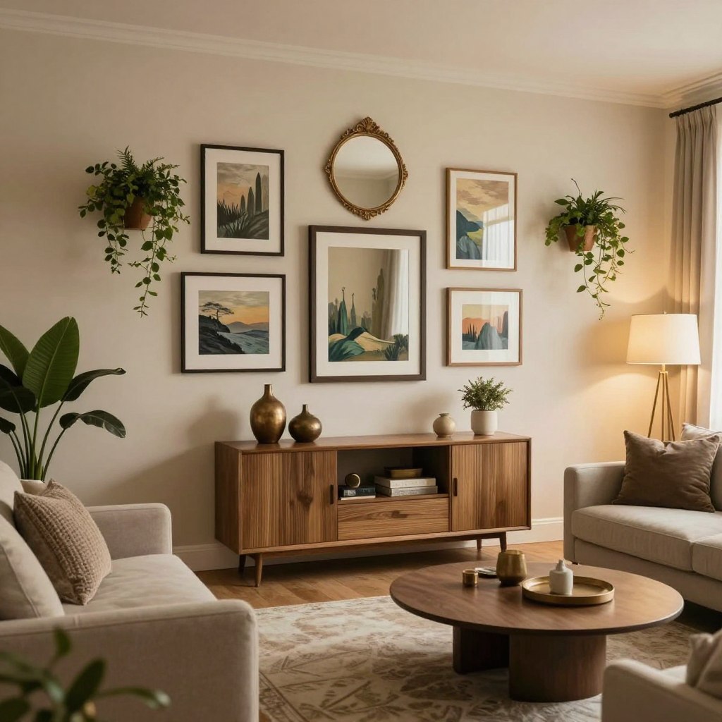 A beautifully styled living room showcasing a variety of wall decor ideas for maximum impact. In the foreground, an elegant gallery wall featuring an assortment of framed art, mirrors, and wall-mounted plants, arranged symmetrically for visual appeal. The middle ground includes a stylish console table adorned with decorative items that complement the wall decor, creating a cohesive look. In the background, an inviting sofa with textured cushions and a modern coffee table, bathed in warm, ambient lighting that enhances the overall atmosphere. The scene is captured from a slightly elevated angle, allowing for depth and perspective, evoking a cozy yet sophisticated mood, perfect for a modern living room in 2026. A beautifully styled living room showcasing a variety of wall decor ideas for maximum impact. In the foreground, an elegant gallery wall featuring an assortment of framed art, mirrors, and wall-mounted plants, arranged symmetrically for visual appeal. The middle ground includes a stylish console table adorned with decorative items that complement the wall decor, creating a cohesive look. In the background, an inviting sofa with textured cushions and a modern coffee table, bathed in warm, ambient lighting that enhances the overall atmosphere. The scene is captured from a slightly elevated angle, allowing for depth and perspective, evoking a cozy yet sophisticated mood, perfect for a modern living room in 2026.
