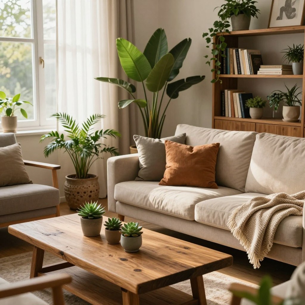 A beautifully styled living room showcasing natural home aesthetics with an emphasis on plants and wood elements. The foreground features a rustic wooden coffee table adorned with small potted succulents and a cozy woven blanket. The middle ground showcases a plush sofa with soft, earthy-toned cushions, flanked by tall, leafy indoor plants in decorative pots. The background includes a window with sheer curtains softly filtering sunlight, illuminating the space with warm, natural light. A wooden bookshelf filled with books and more greenery adds depth. The atmosphere exudes tranquility and comfort, ideal for a cozy sanctuary. Shot from a slightly elevated angle to capture the entire scene, with a focus on warm tones and inviting textures.