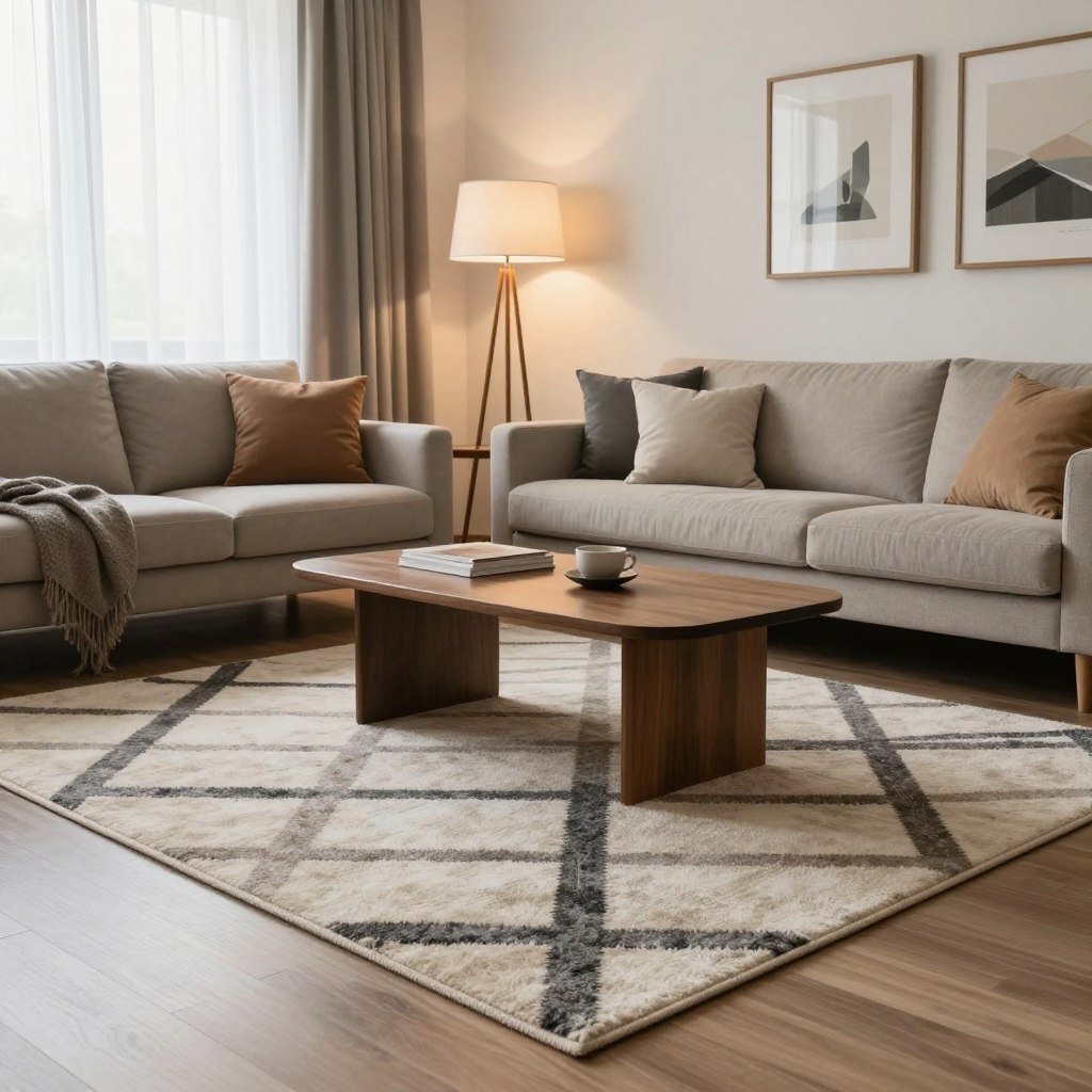 A beautifully styled living room showcasing strategic rug placement tips. In the foreground, a plush area rug in a modern geometric pattern, neatly centered under a stylish coffee table. The middle ground features a chic couch adorned with coordinating throw pillows and a mid-century floor lamp casting soft, warm light. The background reveals a tastefully decorated wall with framed art and a neutral color palette, contributing to an inviting atmosphere. Light from a large window filters through sheer curtains, creating an airy feel. Capture this scene from an angle that highlights both the rug and the surrounding decor, emphasizing the importance of rug placement in solving common living room challenges. The overall mood is cozy and sophisticated, inviting readers to consider their own living room setups. A beautifully styled living room showcasing strategic rug placement tips. In the foreground, a plush area rug in a modern geometric pattern, neatly centered under a stylish coffee table. The middle ground features a chic couch adorned with coordinating throw pillows and a mid-century floor lamp casting soft, warm light. The background reveals a tastefully decorated wall with framed art and a neutral color palette, contributing to an inviting atmosphere. Light from a large window filters through sheer curtains, creating an airy feel. Capture this scene from an angle that highlights both the rug and the surrounding decor, emphasizing the importance of rug placement in solving common living room challenges. The overall mood is cozy and sophisticated, inviting readers to consider their own living room setups.