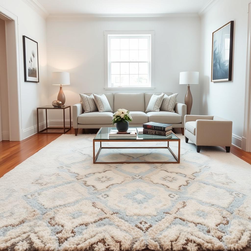 A beautifully styled narrow living room, focusing on the transformative power of a large area rug to visually widen the space. In the foreground, a plush, patterned rug with soft colors such as light blues and creams anchors the seating area, enhancing the sense of depth. The middle ground features a sleek sofa with neutral tones, paired with elegant side tables and a stylish coffee table adorned with decorative books and a small plant. The background showcases a light, airy wall with tasteful artwork and a window allowing natural light to flood the room, creating a warm and inviting atmosphere. Use soft lighting that highlights the textures of the rug and furnishings, shot from a three-quarters angle to emphasize the layout and spaciousness.