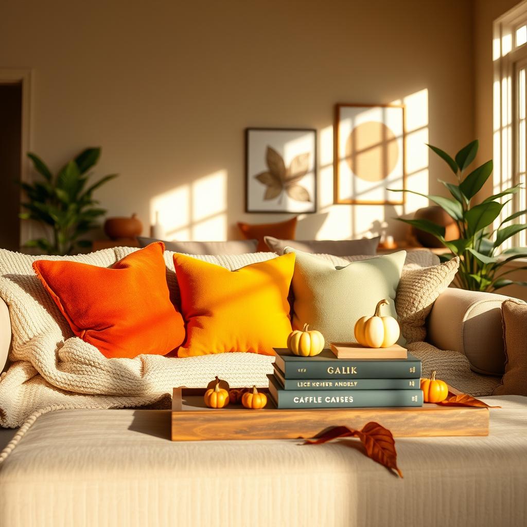A beautifully styled seasonal living room with a fresh and inviting atmosphere. In the foreground, a cozy arrangement of plush pillows in autumn hues—rust orange, deep mustard, and sage green—adorns a soft, textured blanket draped over a plush beige sofa. In the middle, a rustic coffee table holds a stack of stylish books and seasonal decor items like small pumpkins and dried leaves, enhancing the theme of change. The background features warm, natural lighting streaming in through large windows, casting soft shadows and creating a peaceful ambiance. Minimalist wall art complementing the seasonal decor adorns the walls, while a leafy green plant adds a touch of freshness. The overall mood is cozy and inviting, perfect for a relaxed gathering.