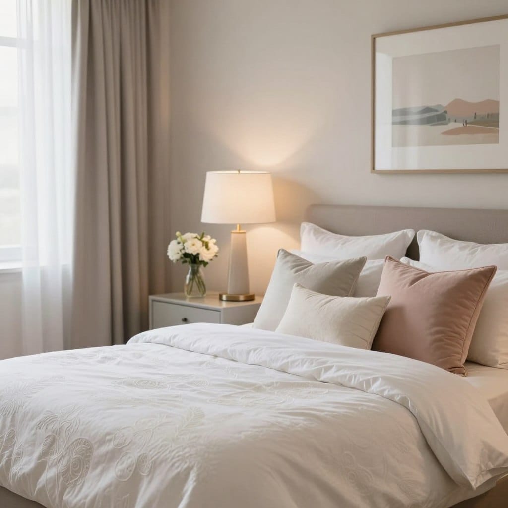 A beautifully styled small master bedroom featuring luxury bedding that exudes comfort and elegance. In the foreground, a plush king-sized bed is adorned with an intricate, soft white duvet and an array of decorative pillows in soothing pastel tones. The middle ground showcases a stylish nightstand with a modern lamp and a delicate vase of fresh flowers. The background reveals softly draped curtains allowing natural light to pour in, enhancing the warm and inviting atmosphere. The room is tastefully decorated with minimalist art on the walls and soft, neutral tones throughout, creating a serene, 5-star hotel ambiance. The lighting is soft and diffused, captured with a soft-focus lens to emphasize tranquility and relaxation.