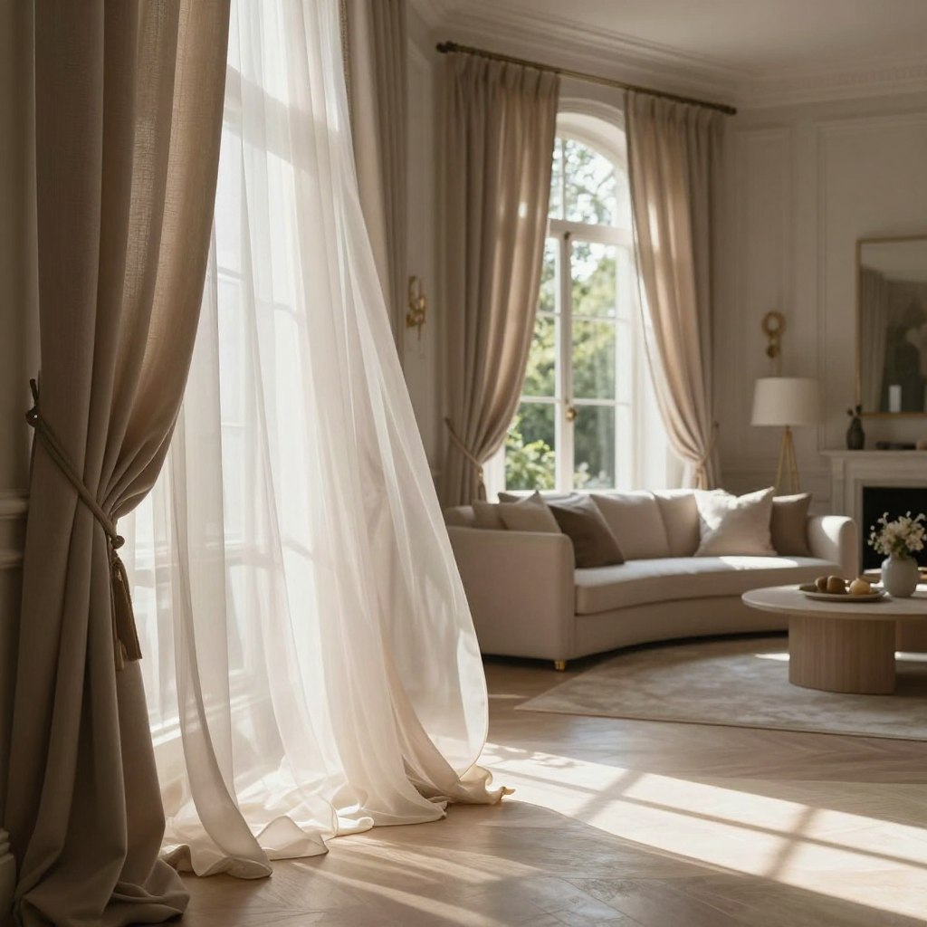 A beautifully sunlit interior featuring luxurious sheer window treatments gracefully draped over large windows. In the foreground, delicate layers of soft, translucent fabric in various shades of taupe and ivory cascade elegantly, allowing filtered sunlight to create a warm glow. The middle ground showcases a comfortable, elegantly designed living space with plush furnishings in neutral colors, adorned with tasteful decor elements. The background reveals lush greenery outside, hinting at a serene garden view. The scene is illuminated by natural light, casting gentle shadows and enhancing the soft textures of the fabrics. The overall mood is one of subtle sophistication, tranquility, and warmth, perfect for an inviting and refined living environment. The image is framed at a slight angle to capture depth and perspective without any text or distractions. A beautifully sunlit interior featuring luxurious sheer window treatments gracefully draped over large windows. In the foreground, delicate layers of soft, translucent fabric in various shades of taupe and ivory cascade elegantly, allowing filtered sunlight to create a warm glow. The middle ground showcases a comfortable, elegantly designed living space with plush furnishings in neutral colors, adorned with tasteful decor elements. The background reveals lush greenery outside, hinting at a serene garden view. The scene is illuminated by natural light, casting gentle shadows and enhancing the soft textures of the fabrics. The overall mood is one of subtle sophistication, tranquility, and warmth, perfect for an inviting and refined living environment. The image is framed at a slight angle to capture depth and perspective without any text or distractions.