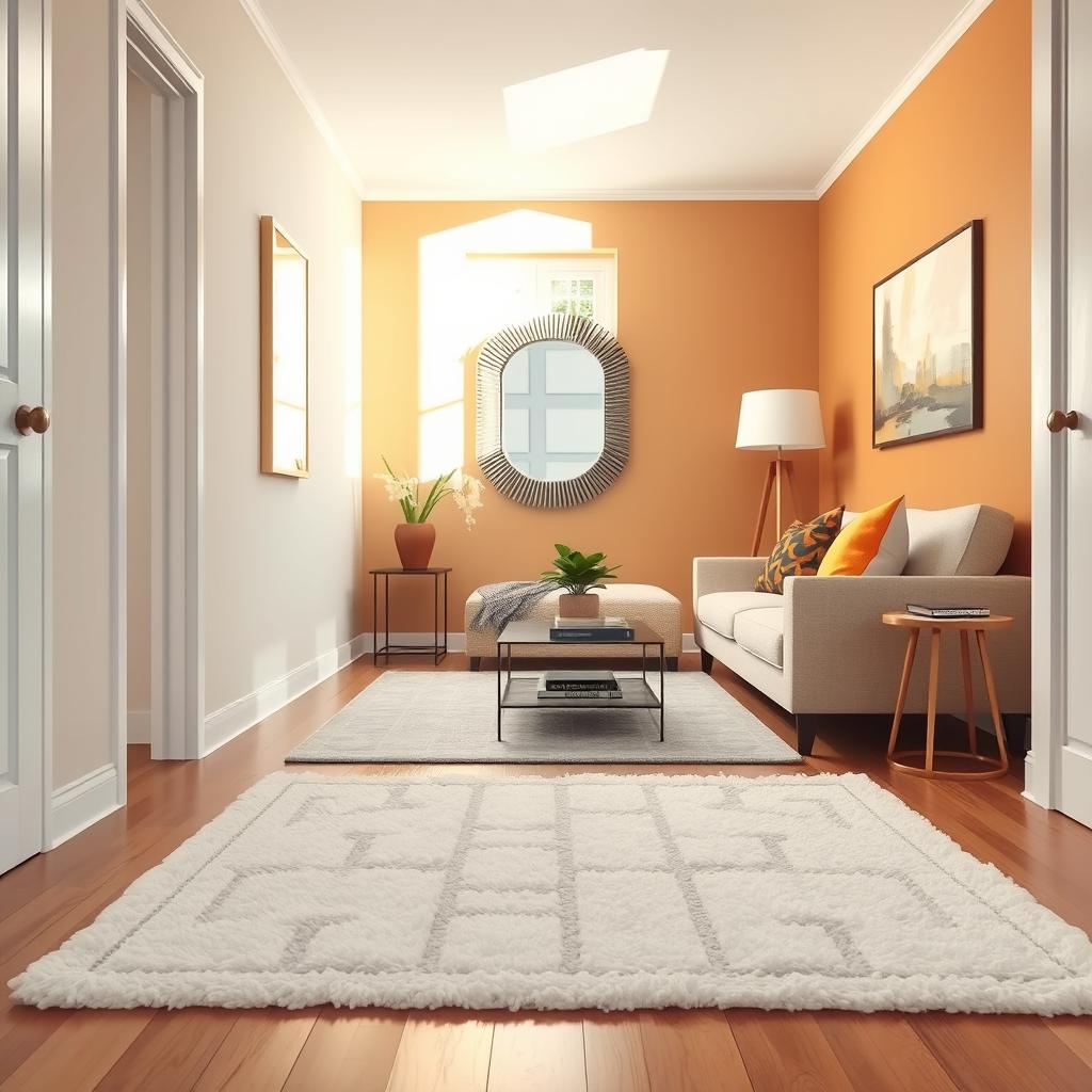 A beautifully updated narrow living room that exudes a budget-friendly charm. In the foreground, a light, textured area rug lies gracefully on a polished wood floor. The middle section features a stylish, modern mirror reflecting natural light, adding a sense of spaciousness. Plush, neutral-colored seating, adorned with colorful throw pillows, creates a cozy atmosphere. A small coffee table, tastefully decorated with a few books and a green plant, is positioned thoughtfully. The background reveals a softly lit wall painted in warm tones, which enhances the inviting ambiance. Bright daylight streams in through a window, casting gentle shadows, creating a serene and uplifting mood. The overall composition conveys a fresh, airy feel perfect for a quick living room refresh.