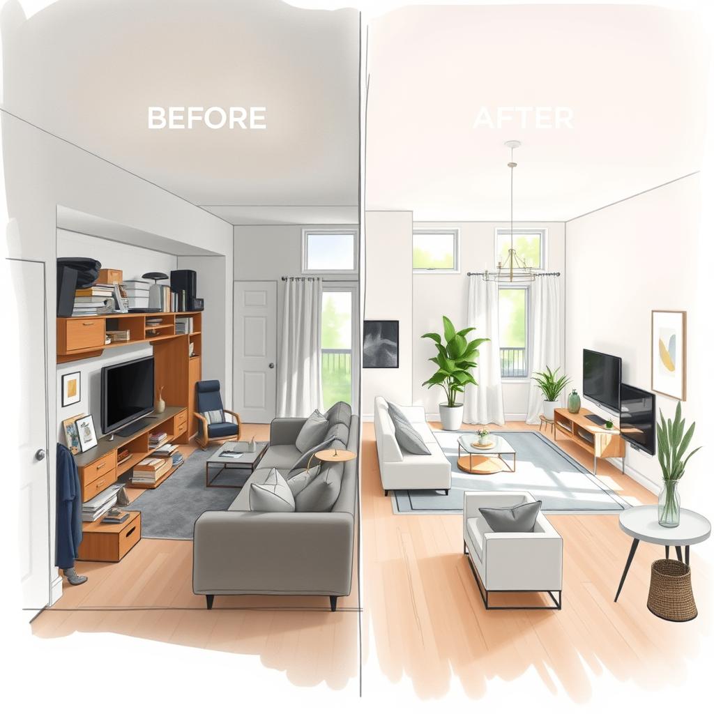 A before-and-after layout sketch of a narrow living room, showcasing a transformation with smart furniture arrangement and zoning. In the foreground, depict the "before" side with cramped, mismatched furniture, dark colors, and clutter, highlighting a sense of confusion. In contrast, the "after" side should feature a spacious layout with sleek, multi-functional furniture in light, airy tones, promoting organization and flow. Include decorative elements like plants and artwork that enhance a welcoming atmosphere. The background should be softly lit, suggesting natural daylight streaming through windows, creating a warm and inviting feel. The perspective should be a slight bird's eye view to effectively showcase the layout change, emphasizing the clever use of space and design principles.