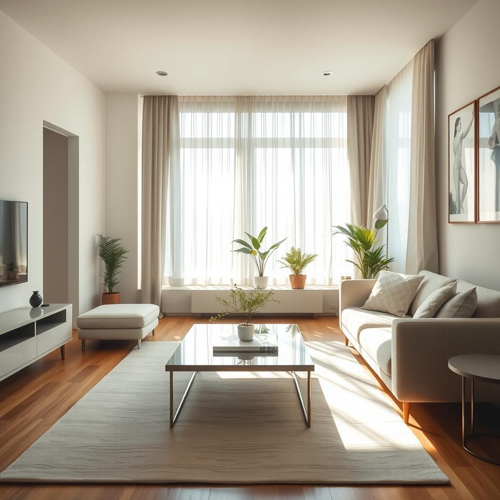 A bright, airy compact living area showcasing the clever use of mirrors and reflective surfaces to maximize natural light. In the foreground, a stylish coffee table sits atop a light-colored rug, surrounded by sleek furniture in soft, neutral tones. The middle layer features a large wall mirror that reflects sunlight pouring in from a nearby window, creating a sense of openness. The background includes sheer curtains that gently diffuse sunlight, enhancing the warm, inviting atmosphere. A few potted plants add a touch of greenery without obstructing light. Emphasize soft, diffused lighting, capturing the essence of a sunlit room shot from a slightly low angle to highlight the reflections and spatial depth. The overall mood is serene and uplifting, embodying creative, space-maximizing design.
