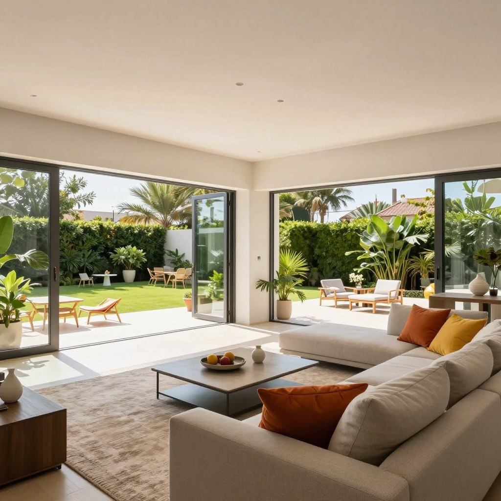 A bright and airy open-concept living room featuring floor-to-ceiling glass doors that seamlessly connect the interior with a vibrant patio. In the foreground, a stylish modern sofa adorned with vibrant cushions sits atop a soft area rug. The middle ground showcases a sleek coffee table and minimalist decor elements that enhance the spacious feel. In the background, the glass doors open wide to reveal a lush patio adorned with greenery and comfortable outdoor seating, inviting in natural light. The scene is bathed in warm, soft daylight, highlighting the clean lines and contemporary design of the space. The atmosphere is tranquil and inviting, ideal for modern living. Capture this scene from a slight angle to emphasize the flow between indoors and outdoors, using a wide-angle lens to encompass the entire room.
