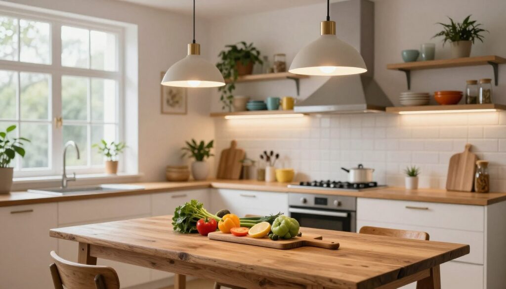 A bright and airy unfitted kitchen with strategic layered lighting showcasing its unique design elements. In the foreground, a rustic wooden table with fresh vegetables and a cutting board, illuminated by warm pendant lights above. The middle layer features open shelving with colorful dishware and plants, highlighted by soft ambient lighting from hidden LED strips along the shelves. In the background, large windows allow natural light to flood in, creating a cozy atmosphere. Include soft shadows to emphasize the textures of the kitchen materials, such as exposed brick and reclaimed wood. The overall mood is inviting and inspirational, with a focus on harmonious balance between functional and aesthetic lighting.