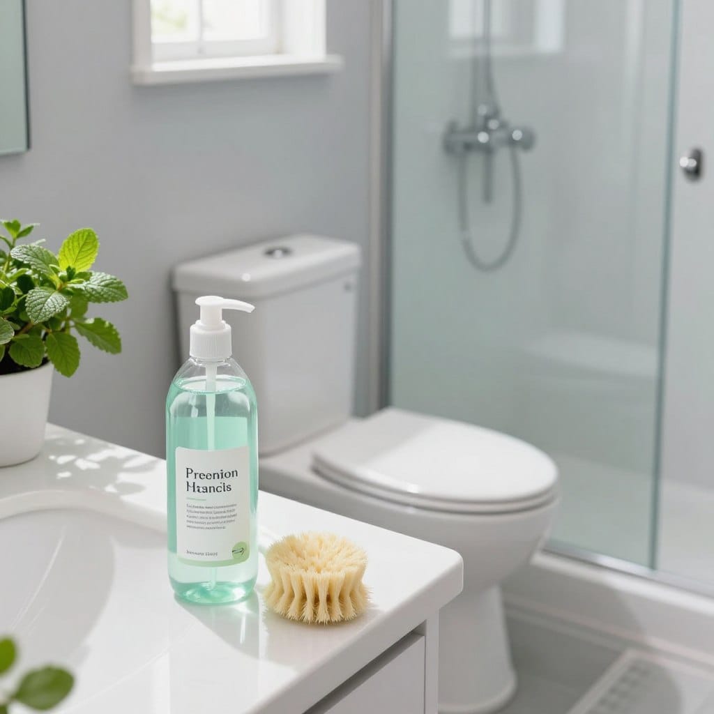 A bright and clean bathroom scene showcasing a unique cleaning hack. In the foreground, a bottle of natural cleaning solution and a scrub brush rest on a white vanity countertop, their surfaces gleaming under soft, diffused lighting. In the middle, a sparkling toilet and sink add to the freshness, with mint green plants providing a touch of nature. The background features light grey walls and a frosted glass shower, enhancing the serene atmosphere. Sunlight streams through a small window, casting gentle shadows that evoke a sense of cleanliness and tranquility. The image should convey a sense of discovery and efficiency, visually illustrating the effectiveness of the bathroom cleaning hack while maintaining a safe and inviting aesthetic.