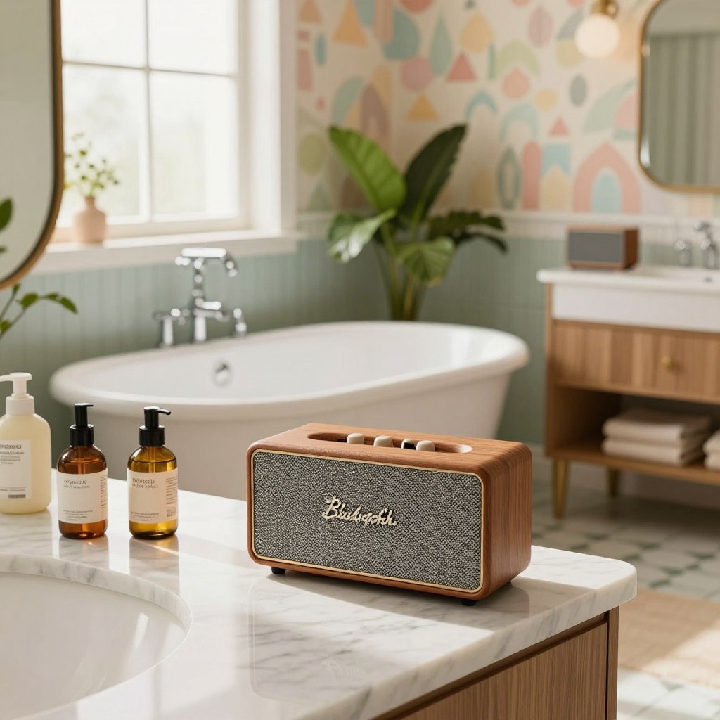 A bright and inviting mid-century bathroom featuring elegant Bluetooth audio systems seamlessly integrated into the decor. In the foreground, a sleek, vintage-inspired Bluetooth speaker with wood grain finish sits elegantly on a marble countertop, surrounded by retro toiletries. The middle ground showcases a chic freestanding bathtub with classic chrome fixtures and lush greenery nearby, all bathed in warm, natural light streaming through a frosted window. In the background, patterned wallpaper in pastel shades enhances the nostalgic atmosphere while a vintage mirror reflects the modern audio technology subtly. The composition captures a harmonious blend of retro aesthetics and contemporary functionality, evoking a serene oasis where music enhances relaxation. The angle is slightly elevated, offering a broad view that highlights the unique fusion of styles. A bright and inviting mid-century bathroom featuring elegant Bluetooth audio systems seamlessly integrated into the decor. In the foreground, a sleek, vintage-inspired Bluetooth speaker with wood grain finish sits elegantly on a marble countertop, surrounded by retro toiletries. The middle ground showcases a chic freestanding bathtub with classic chrome fixtures and lush greenery nearby, all bathed in warm, natural light streaming through a frosted window. In the background, patterned wallpaper in pastel shades enhances the nostalgic atmosphere while a vintage mirror reflects the modern audio technology subtly. The composition captures a harmonious blend of retro aesthetics and contemporary functionality, evoking a serene oasis where music enhances relaxation. The angle is slightly elevated, offering a broad view that highlights the unique fusion of styles.