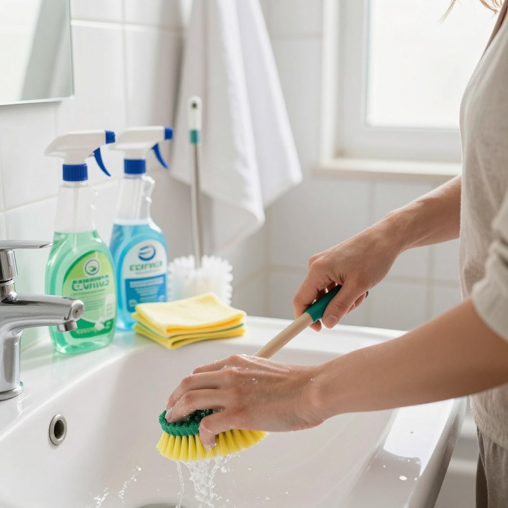 A bright, clean bathroom scene showcasing an efficient bathroom cleaning process. In the foreground, a person in modest casual attire is energetically scrubbing a sink with a brush and eco-friendly cleaner, displaying determination and focus. In the middle, an array of cleaning supplies, including a spray bottle, microfiber cloths, and a toilet brush, are neatly arranged on a tiled surface. The background features clean white tiles and fresh, fluffy towels hanging on a rack, with soft natural light streaming through a window, creating a warm, inviting atmosphere. A close-up perspective captures the action, emphasizing the gleam of cleanliness while evoking a sense of freshness and hygiene. The overall mood is vibrant and refreshing, highlighting the effectiveness of a quick and thorough bathroom cleaning process. A bright, clean bathroom scene showcasing an efficient bathroom cleaning process. In the foreground, a person in modest casual attire is energetically scrubbing a sink with a brush and eco-friendly cleaner, displaying determination and focus. In the middle, an array of cleaning supplies, including a spray bottle, microfiber cloths, and a toilet brush, are neatly arranged on a tiled surface. The background features clean white tiles and fresh, fluffy towels hanging on a rack, with soft natural light streaming through a window, creating a warm, inviting atmosphere. A close-up perspective captures the action, emphasizing the gleam of cleanliness while evoking a sense of freshness and hygiene. The overall mood is vibrant and refreshing, highlighting the effectiveness of a quick and thorough bathroom cleaning process.