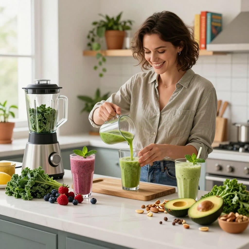 A bright, inviting kitchen scene showcasing a daily routine of preparing anti-aging smoothies. In the foreground, a stylish countertop displaying vibrant, fresh ingredients like kale, berries, avocados, and nuts, elegantly arranged next to a high-quality blender. In the middle ground, a cheerful person in a casual, modest outfit, intently measuring out ingredients while smiling. Surrounding them are various smoothie glasses filled with colorful, nutritious blends, garnished with mint leaves. In the background, natural light filters through a window, illuminating houseplants and colorful cookbooks on shelves, creating a warm and uplifting atmosphere. The overall mood is vibrant, health-conscious, and inviting, encouraging viewers to embrace a delicious and healthy routine for ageless beauty. The image should be shot from an angle that captures both the subject and the rich textures of the ingredients, using soft, natural lighting.