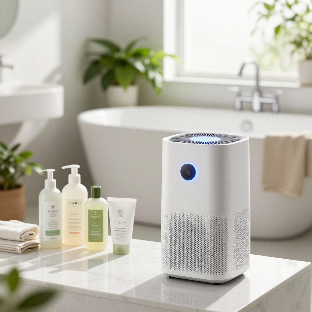 A bright, modern bathroom scene focused on odor elimination. In the foreground, a stylish, sleek air purifier is prominently placed on a white marble countertop, emitting a soft blue glow. The middle of the image features an array of eco-friendly cleaning products with minimalistic packaging, showcasing their natural ingredients. The background reveals a clean bathtub adorned with fresh green plants, emphasizing a refreshing atmosphere. Natural sunlight streams in through a frosted window, creating a warm and inviting light that highlights the cleanliness of the space. The overall mood conveys freshness and tranquility, with a color palette of soft whites, greens, and blues that evokes a sense of purification and serenity. A bright, modern bathroom scene focused on odor elimination. In the foreground, a stylish, sleek air purifier is prominently placed on a white marble countertop, emitting a soft blue glow. The middle of the image features an array of eco-friendly cleaning products with minimalistic packaging, showcasing their natural ingredients. The background reveals a clean bathtub adorned with fresh green plants, emphasizing a refreshing atmosphere. Natural sunlight streams in through a frosted window, creating a warm and inviting light that highlights the cleanliness of the space. The overall mood conveys freshness and tranquility, with a color palette of soft whites, greens, and blues that evokes a sense of purification and serenity.