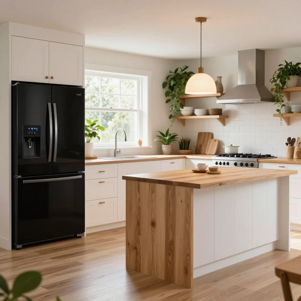 A bright, modern kitchen featuring sleek black appliances contrasting beautifully against warm white oak cabinetry. In the foreground, the black refrigerator and stovetop gleam under soft, natural light filtering through a large window. The middle stage showcases a spacious kitchen island made of white oak, topped with a delicate pendant light casting a warm glow. The background includes an elegant open shelving unit filled with tasteful dishware, and lush green plants adding an organic touch. The camera angle captures the entire room, emphasizing the harmonious blend of modern and natural elements. The mood is inviting and sophisticated, perfect for a contemporary kitchen design.