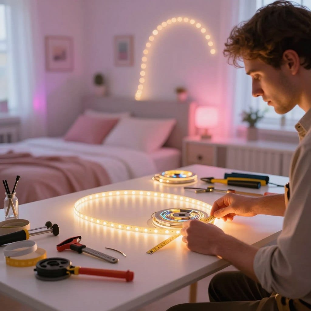 A brightly lit DIY workspace featuring an elegantly arranged table with various tools and materials for LED light installation. In the foreground, a skilled DIY enthusiast, dressed in comfortable yet professional attire, carefully measures and cuts an LED strip. The middle ground showcases the beautifully designed LED light setup, creating a warm and inviting glow, with mood-enhancing colors like soft pinks and blues. In the background, a cozy bedroom with tasteful decorations arches into view, highlighting the romantic atmosphere these lights create. The scene is captured with a soft focus lens, emphasizing the craftsmanship and professionalism involved, while enhancing the warm, dreamy ambiance of the setting, evoking a sense of creativity and accomplishment.