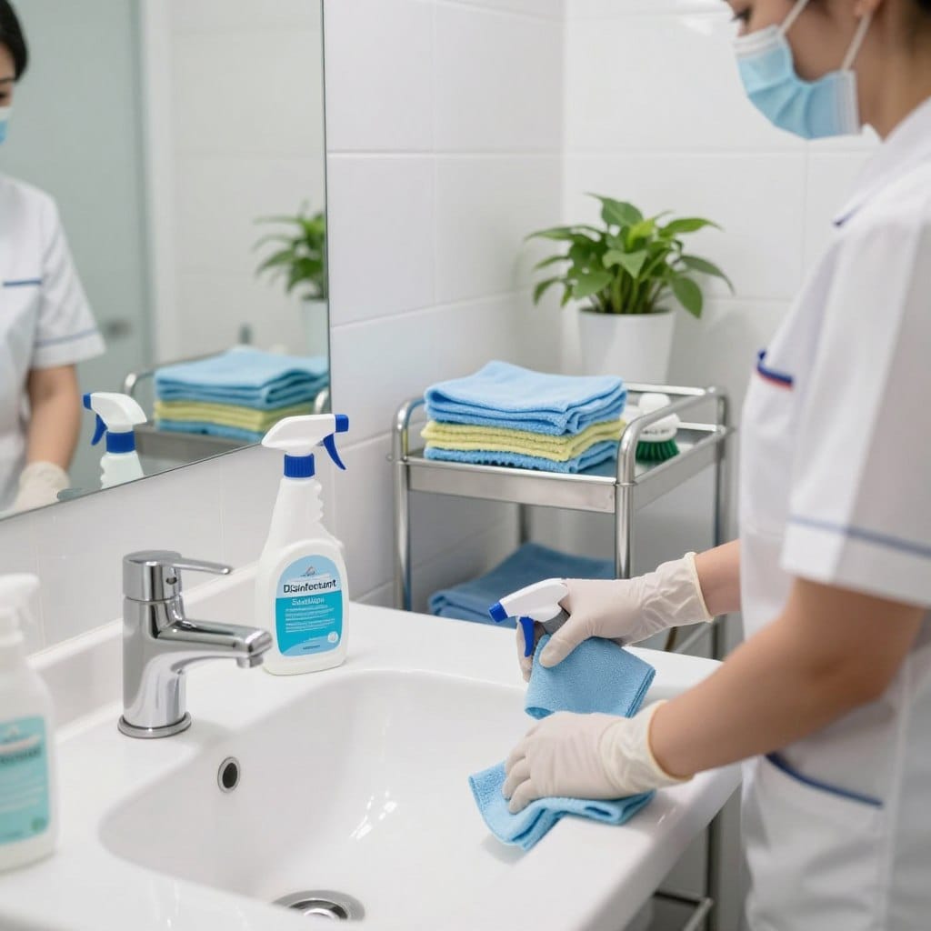 A brightly lit medical-grade bathroom featuring gleaming white tiles and stainless steel fixtures in pristine condition. In the foreground, a person in a professional uniform meticulously cleans the sink and countertop with medical-grade cleaning supplies: spray bottles labeled "Disinfectant" and "Sanitizer." The individual wears gloves and a mask for safety, highlighting the importance of hygiene. In the middle ground, a neatly organized array of cleaning tools, such as a microfiber cloth and scrub brush are arranged on a sturdy cart. The background captures a large bathroom mirror reflecting the scene, emphasizing cleanliness and order. Soft, diffused lighting creates a sterile yet inviting atmosphere, while fresh green plants add a touch of vibrancy. The overall mood conveys efficiency and professionalism in maintaining a spotless environment.