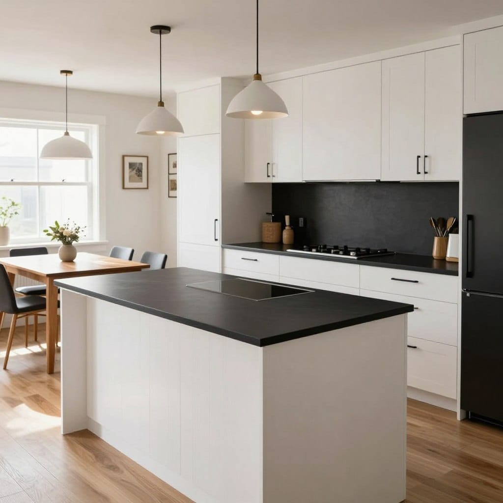 A budget-friendly kitchen renovation showcasing a stylish white oak and black design. In the foreground, a modern kitchen island made of affordable materials, topped with a simple yet elegant black countertop. The middle ground features white oak cabinets with sleek black handles, illuminated by minimalist pendant lights. In the background, a cozy dining nook with a wooden table and mixed seating creates a welcoming atmosphere. Natural light floods the space through a nearby window, highlighting the warm wood tones and contrasting black elements. The perspective is from a slightly elevated angle, giving depth and a sense of spaciousness. The overall mood is fresh, inviting, and contemporary, ideal for those seeking affordable yet impactful design solutions.