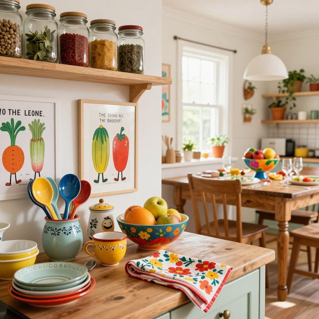 A charmingly quirky kitchen scene filled with whimsical decor elements. In the foreground, a colorful, mismatched collection of vintage ceramic utensils and bright floral-patterned dish towels. In the middle, an eclectic mix of lively wall art featuring playful food puns and cartoonish vegetables, alongside open shelves lined with brightly colored glass jars filled with spices and herbs. The background showcases a well-worn wooden table with a quirky, multi-colored fruit bowl, adorned with a cheerful and inviting table setting. Soft, natural light streams in from a window, casting a warm glow throughout the space. The atmosphere is vibrant and joyful, creating a sense of creativity and inspiration for cooking, all while remaining budget-friendly and inviting.