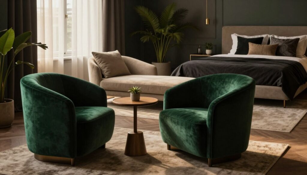 A chic and sophisticated bedroom featuring various stylish seating options. In the foreground, a plush velvet armchair in deep emerald green, paired with a small round wooden side table. The middle ground showcases a modern chaise lounge in soft beige, positioned near a window adorned with sheer curtains that gently diffuse warm natural light. In the background, a minimalist bed with a luxurious dark bedding set, accented by decorative pillows. The room is illuminated by soft, ambient lighting, creating a cozy and moody atmosphere. Decorative potted plants add a touch of nature, complementing the moody aesthetic. The overall composition captures a serene yet elegant vibe, perfect for a sophisticated bedroom setting. A chic and sophisticated bedroom featuring various stylish seating options. In the foreground, a plush velvet armchair in deep emerald green, paired with a small round wooden side table. The middle ground showcases a modern chaise lounge in soft beige, positioned near a window adorned with sheer curtains that gently diffuse warm natural light. In the background, a minimalist bed with a luxurious dark bedding set, accented by decorative pillows. The room is illuminated by soft, ambient lighting, creating a cozy and moody atmosphere. Decorative potted plants add a touch of nature, complementing the moody aesthetic. The overall composition captures a serene yet elegant vibe, perfect for a sophisticated bedroom setting.