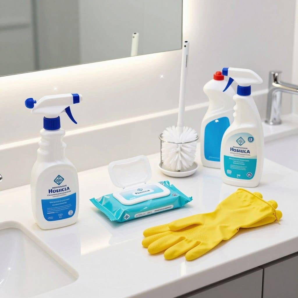 A clean and organized bathroom setting showcasing a variety of medical-grade cleaning supplies, neatly arranged on a bright, sterile-looking countertop. The foreground features a spray bottle labeled with clear, professional markings and a pair of rubber gloves in a vibrant color. In the middle, include disinfectant wipes, a toilet brush with a holder, and a squirt bottle for disinfectants, all reflecting high-quality materials. The background has soft lighting that enhances the cleanliness and hygiene theme, with a sparkle effect to emphasize freshness. The angle is slightly above eye-level, creating a spacious feel. The atmosphere is calm and professional, evoking a sense of trust in the effectiveness of the cleaning supplies.