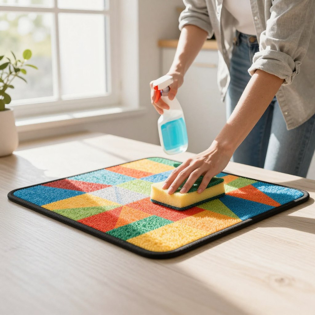A clean, well-organized kitchen with a focus on a vibrant, anti-fatigue kitchen mat in the foreground. The mat showcases a colorful geometric design, slightly bent at the edges to suggest usage. In the middle ground, a person dressed in a casual shirt and jeans is gently cleaning the mat with a sponge and a mild cleaning solution, demonstrating care techniques. The background features a sunny kitchen with a window letting in bright, warm natural light, highlighting the cleanliness and comfort of the space. Soft shadows add depth, creating a welcoming and homey atmosphere. Overall, the composition emphasizes practicality and care for kitchen mats. A clean, well-organized kitchen with a focus on a vibrant, anti-fatigue kitchen mat in the foreground. The mat showcases a colorful geometric design, slightly bent at the edges to suggest usage. In the middle ground, a person dressed in a casual shirt and jeans is gently cleaning the mat with a sponge and a mild cleaning solution, demonstrating care techniques. The background features a sunny kitchen with a window letting in bright, warm natural light, highlighting the cleanliness and comfort of the space. Soft shadows add depth, creating a welcoming and homey atmosphere. Overall, the composition emphasizes practicality and care for kitchen mats.