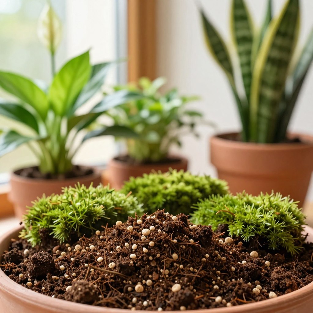 A close-up of a rich, textured soil mix for indoor plants, featuring various components like dark brown potting soil, light tan perlite, and vibrant green moss, artfully arranged in a terra cotta pot. In the foreground, a handful of the soil mix is spilling out gently, showcasing its granular structure. The middle ground includes several healthy indoor plants like a peace lily and snake plant thriving in their pots, with their lush green leaves contrasting against the earthy tones of the soil. The background softly blurs to reveal a warm, sunlit window with sheer curtains, creating a cozy and inviting atmosphere. The image captures a serene, nurturing mood, emphasizing the importance of good soil in plant care, with warm natural lighting that highlights the textures and colors beautifully. A close-up of a rich, textured soil mix for indoor plants, featuring various components like dark brown potting soil, light tan perlite, and vibrant green moss, artfully arranged in a terra cotta pot. In the foreground, a handful of the soil mix is spilling out gently, showcasing its granular structure. The middle ground includes several healthy indoor plants like a peace lily and snake plant thriving in their pots, with their lush green leaves contrasting against the earthy tones of the soil. The background softly blurs to reveal a warm, sunlit window with sheer curtains, creating a cozy and inviting atmosphere. The image captures a serene, nurturing mood, emphasizing the importance of good soil in plant care, with warm natural lighting that highlights the textures and colors beautifully.
