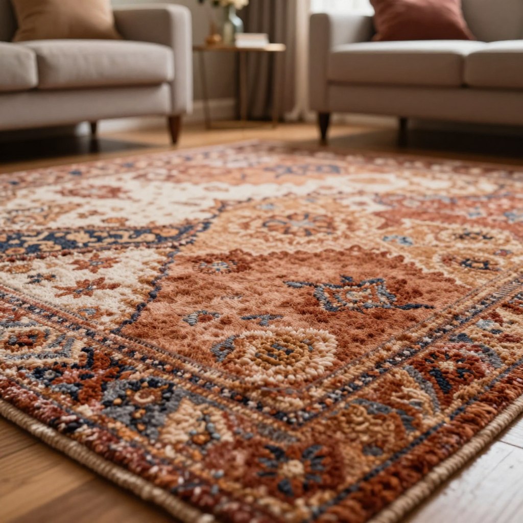A close-up view of a luxurious living room rug with varying pile heights, showcasing a rich texture that conveys depth and comfort. The foreground features a richly detailed area rug, emphasizing its soft fibers and intricate patterns, catching the light to highlight the different heights of the pile. In the middle ground, display a cozy living room setting with elegant furniture, where the rug is positioned centrally to illustrate its impact on the decor. The background should softly blur, depicting a tasteful color palette and warm, inviting lighting that creates a relaxing atmosphere. Capture the scene from a slightly elevated angle to enhance the visual interest and illustrate depth, evoking a sense of homeliness and style. A close-up view of a luxurious living room rug with varying pile heights, showcasing a rich texture that conveys depth and comfort. The foreground features a richly detailed area rug, emphasizing its soft fibers and intricate patterns, catching the light to highlight the different heights of the pile. In the middle ground, display a cozy living room setting with elegant furniture, where the rug is positioned centrally to illustrate its impact on the decor. The background should softly blur, depicting a tasteful color palette and warm, inviting lighting that creates a relaxing atmosphere. Capture the scene from a slightly elevated angle to enhance the visual interest and illustrate depth, evoking a sense of homeliness and style.