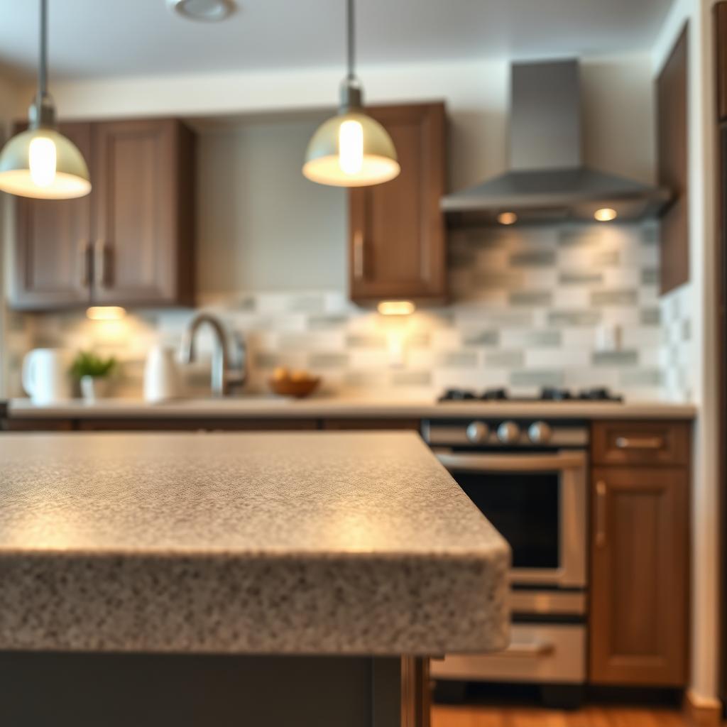 A close-up view of a small kitchen countertop and backsplash, showcasing common mistakes such as mismatched tile patterns, uneven grout lines, and poorly cut countertop edges. In the foreground, the textured laminate countertop reflects a subtle sheen, while the backsplash highlights chipped tiles and irregular spacing. The middle of the image captures the transition between countertop and backsplash, emphasizing misalignment and color clashes. The background features a well-lit kitchen setting with a soft, warm ambiance, illuminated by pendant lights that cast gentle shadows. The scene conveys a sense of frustration with remodeling errors while maintaining a professional atmosphere. The focus is sharp, with a shallow depth of field to draw attention to the mistakes without distraction from additional elements. A close-up view of a small kitchen countertop and backsplash, showcasing common mistakes such as mismatched tile patterns, uneven grout lines, and poorly cut countertop edges. In the foreground, the textured laminate countertop reflects a subtle sheen, while the backsplash highlights chipped tiles and irregular spacing. The middle of the image captures the transition between countertop and backsplash, emphasizing misalignment and color clashes. The background features a well-lit kitchen setting with a soft, warm ambiance, illuminated by pendant lights that cast gentle shadows. The scene conveys a sense of frustration with remodeling errors while maintaining a professional atmosphere. The focus is sharp, with a shallow depth of field to draw attention to the mistakes without distraction from additional elements.
