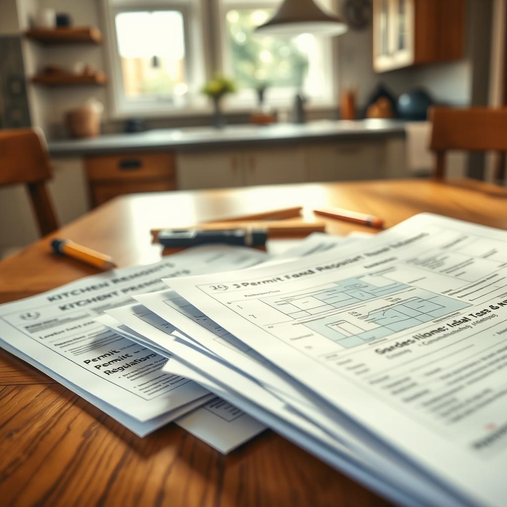 A close-up view of a wooden kitchen table filled with various kitchen remodeling permits and regulations paperwork. The foreground features a neatly stacked pile of blueprints, permit applications, and local regulations, all with clear, distinct headers. Soft natural light streams in from a nearby window, illuminating the table and creating a warm, focused atmosphere. In the middle ground, there are tools like a ruler and pencil, suggesting active planning and design work. The background shows a partially visible kitchen with cabinets and appliances, hinting at the remodeling process. The scene conveys a sense of urgency and diligence in preparation, reflecting the importance of complying with legal requirements in remodeling projects. The overall mood is professional and organized, emphasizing attention to detail. A close-up view of a wooden kitchen table filled with various kitchen remodeling permits and regulations paperwork. The foreground features a neatly stacked pile of blueprints, permit applications, and local regulations, all with clear, distinct headers. Soft natural light streams in from a nearby window, illuminating the table and creating a warm, focused atmosphere. In the middle ground, there are tools like a ruler and pencil, suggesting active planning and design work. The background shows a partially visible kitchen with cabinets and appliances, hinting at the remodeling process. The scene conveys a sense of urgency and diligence in preparation, reflecting the importance of complying with legal requirements in remodeling projects. The overall mood is professional and organized, emphasizing attention to detail.