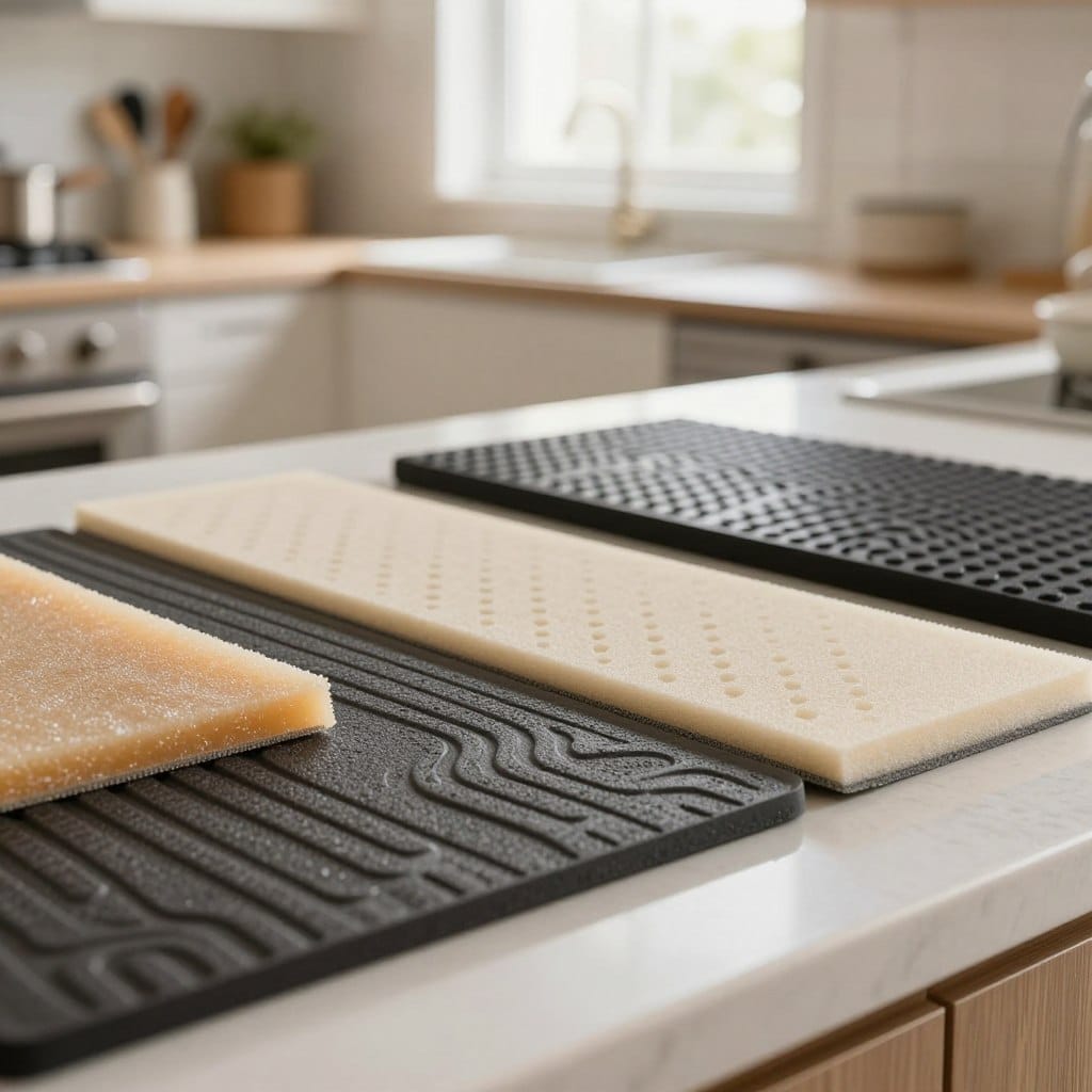 A close-up view of various anti-fatigue mat materials arranged aesthetically on a kitchen countertop. In the foreground, showcase textured surfaces of mats featuring gel, foam, and rubber materials, emphasizing their unique properties like cushioning and support. The middle ground should include a blurred glimpse of an inviting kitchen environment, softly lit with natural light filtering through a window, creating a warm and cozy atmosphere. The background should subtly include kitchen elements like cabinets and utensils, enhancing the domestic vibe. The image should maintain a clean and professional look, highlighting the materials without distractions, and radiating a sense of comfort and practicality in kitchen design.