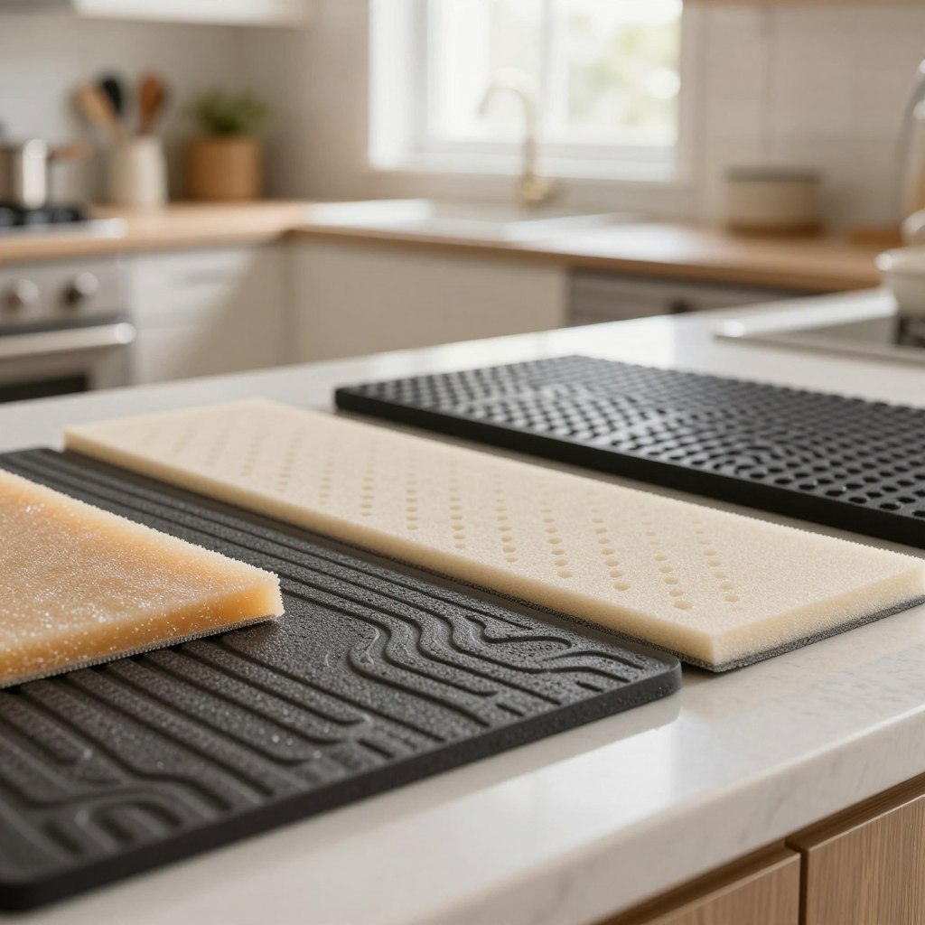 A close-up view of various anti-fatigue mat materials arranged aesthetically on a kitchen countertop. In the foreground, showcase textured surfaces of mats featuring gel, foam, and rubber materials, emphasizing their unique properties like cushioning and support. The middle ground should include a blurred glimpse of an inviting kitchen environment, softly lit with natural light filtering through a window, creating a warm and cozy atmosphere. The background should subtly include kitchen elements like cabinets and utensils, enhancing the domestic vibe. The image should maintain a clean and professional look, highlighting the materials without distractions, and radiating a sense of comfort and practicality in kitchen design. A close-up view of various anti-fatigue mat materials arranged aesthetically on a kitchen countertop. In the foreground, showcase textured surfaces of mats featuring gel, foam, and rubber materials, emphasizing their unique properties like cushioning and support. The middle ground should include a blurred glimpse of an inviting kitchen environment, softly lit with natural light filtering through a window, creating a warm and cozy atmosphere. The background should subtly include kitchen elements like cabinets and utensils, enhancing the domestic vibe. The image should maintain a clean and professional look, highlighting the materials without distractions, and radiating a sense of comfort and practicality in kitchen design.