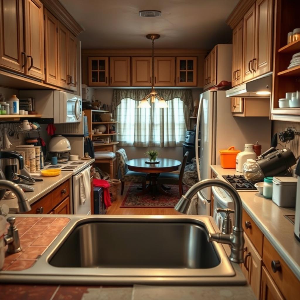 A cluttered and chaotic small kitchen, showcasing several common remodeling mistakes. In the foreground, mismatched cabinet colors and poorly installed countertops can be seen, with a broken tile and a leaking faucet. The middle ground features disorganized kitchen appliances, too many upper cabinets causing a cramped feel, and a cluttered small dining nook with oversized furniture. In the background, dim lighting highlights the cramped space, creating an atmosphere of frustration and disappointment. The kitchen design lacks cohesion, showcasing errors in layout and functionality. Opt for a wide-angle perspective to capture the essence of these mistakes, emphasizing the cramped and overwhelming nature of a poorly executed kitchen remodel, with soft, natural lighting enhancing the disarray. A cluttered and chaotic small kitchen, showcasing several common remodeling mistakes. In the foreground, mismatched cabinet colors and poorly installed countertops can be seen, with a broken tile and a leaking faucet. The middle ground features disorganized kitchen appliances, too many upper cabinets causing a cramped feel, and a cluttered small dining nook with oversized furniture. In the background, dim lighting highlights the cramped space, creating an atmosphere of frustration and disappointment. The kitchen design lacks cohesion, showcasing errors in layout and functionality. Opt for a wide-angle perspective to capture the essence of these mistakes, emphasizing the cramped and overwhelming nature of a poorly executed kitchen remodel, with soft, natural lighting enhancing the disarray.