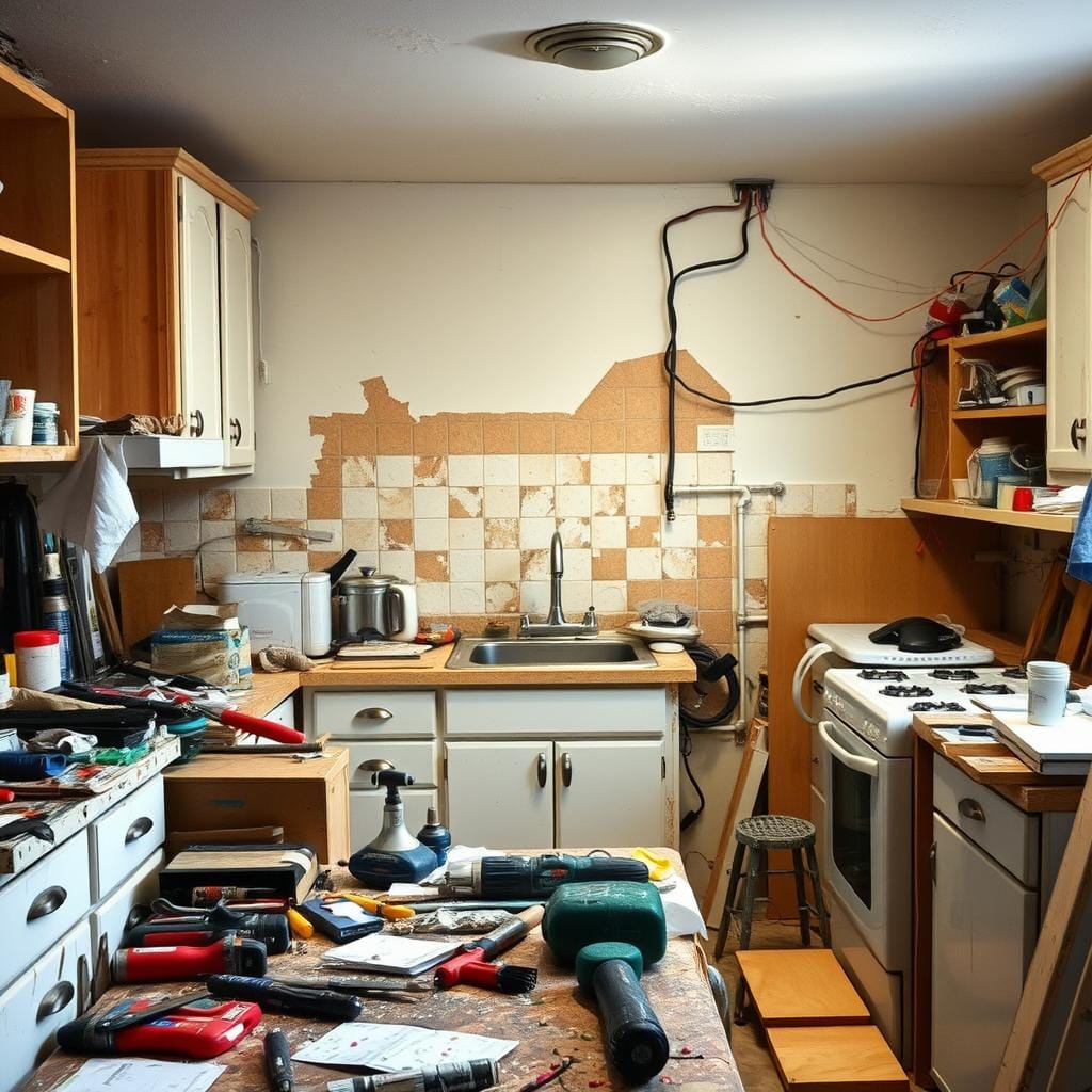 A cluttered small kitchen undergoing renovation, highlighting common DIY pitfalls. In the foreground, a disorganized workspace with mismatched tools, paint splatters, and half-assembled cabinets. In the middle ground, a partially installed backsplash with uneven tiles and a chaotic array of building materials strewn about. The background features an unfinished wall with exposed plumbing and electrical wires, emphasizing the rush and poor planning often associated with DIY projects. Soft, overhead lighting creates a slightly warm atmosphere, casting gentle shadows that add depth. The mood captures both frustration and the reality of a challenging renovation journey, showcasing the dangers of tackling the wrong projects in a small kitchen.