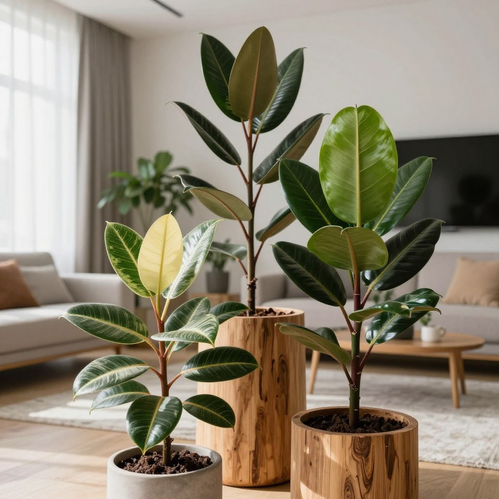 A collection of diverse Rubber Plant (Ficus elastica) varieties in a modern living room setting. In the foreground, a lush, variegated Rubber Plant with striking cream and green leaves, alongside a solid dark green Rubber Plant featuring broad, glossy leaves. In the middle, a stylish wooden planter with natural textures enhances the plants' vibrant colors. The background showcases a contemporary apartment living room with soft natural light streaming through large, sheer curtains, highlighting the plants' bold foliage. A cozy, minimalistic couch and decorative elements reinforce the chic atmosphere. The image should evoke a fresh, inviting ambiance, captured from a slightly elevated angle to emphasize both the plants and the stylish interior. A collection of diverse Rubber Plant (Ficus elastica) varieties in a modern living room setting. In the foreground, a lush, variegated Rubber Plant with striking cream and green leaves, alongside a solid dark green Rubber Plant featuring broad, glossy leaves. In the middle, a stylish wooden planter with natural textures enhances the plants' vibrant colors. The background showcases a contemporary apartment living room with soft natural light streaming through large, sheer curtains, highlighting the plants' bold foliage. A cozy, minimalistic couch and decorative elements reinforce the chic atmosphere. The image should evoke a fresh, inviting ambiance, captured from a slightly elevated angle to emphasize both the plants and the stylish interior.