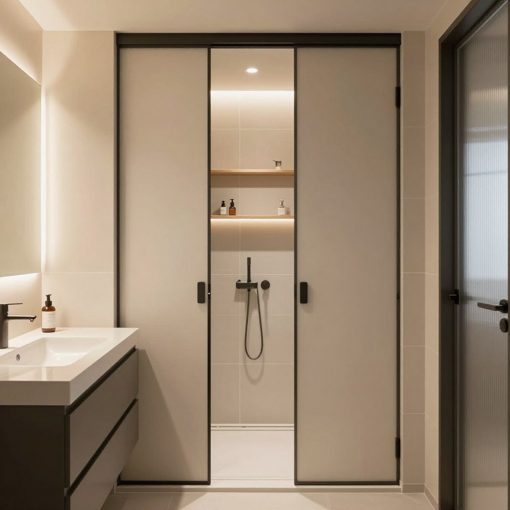 A compact bathroom layout featuring modern space-saving solutions, showcasing elegant pocket doors that glide open seamlessly. In the foreground, a sleek vanity with minimalistic design and a stylish mirror reflects a well-lit atmosphere. The middle layer includes a compact shower with stylish tiled walls and a contemporary faucet, accentuated by soft ambient lighting. The background reveals clever storage options, such as floating shelves and hidden cabinets, maximizing functionality. The scene is illuminated by warm, natural light streaming through frosted glass, creating an inviting and airy ambiance. The overall mood conveys sophistication and efficiency, ideal for small spaces, with a focus on practicality and contemporary style, without any human subjects or distractions. A compact bathroom layout featuring modern space-saving solutions, showcasing elegant pocket doors that glide open seamlessly. In the foreground, a sleek vanity with minimalistic design and a stylish mirror reflects a well-lit atmosphere. The middle layer includes a compact shower with stylish tiled walls and a contemporary faucet, accentuated by soft ambient lighting. The background reveals clever storage options, such as floating shelves and hidden cabinets, maximizing functionality. The scene is illuminated by warm, natural light streaming through frosted glass, creating an inviting and airy ambiance. The overall mood conveys sophistication and efficiency, ideal for small spaces, with a focus on practicality and contemporary style, without any human subjects or distractions.