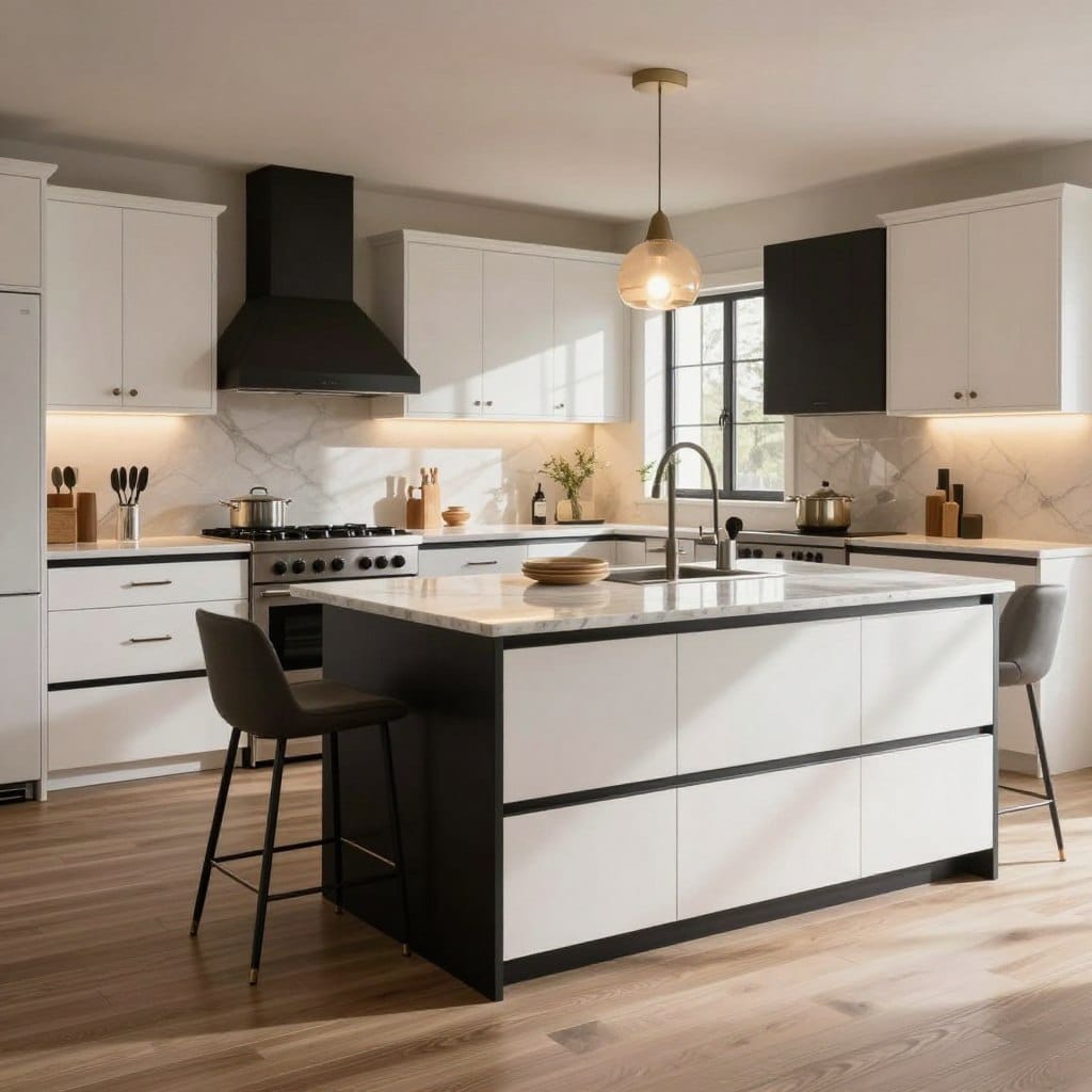 A contemporary kitchen design featuring a harmonious blend of white oak cabinetry and sleek black accents. In the foreground, showcase polished, minimalist kitchen hardware with elegant shapes and finishes. The middle ground includes a spacious island with a marble countertop, surrounded by stylish bar stools, highlighting both function and aesthetic appeal. In the background, the room is illuminated by warm pendant lighting that casts soft shadows, enhancing the inviting atmosphere. Use a wide-angle lens to capture the open layout, revealing large windows that bring in natural light, reflecting off the subtle textures of the white oak. The scene should evoke a sense of modern sophistication and warmth, suitable for a family-oriented home, emphasizing thoughtful planning in kitchen design.