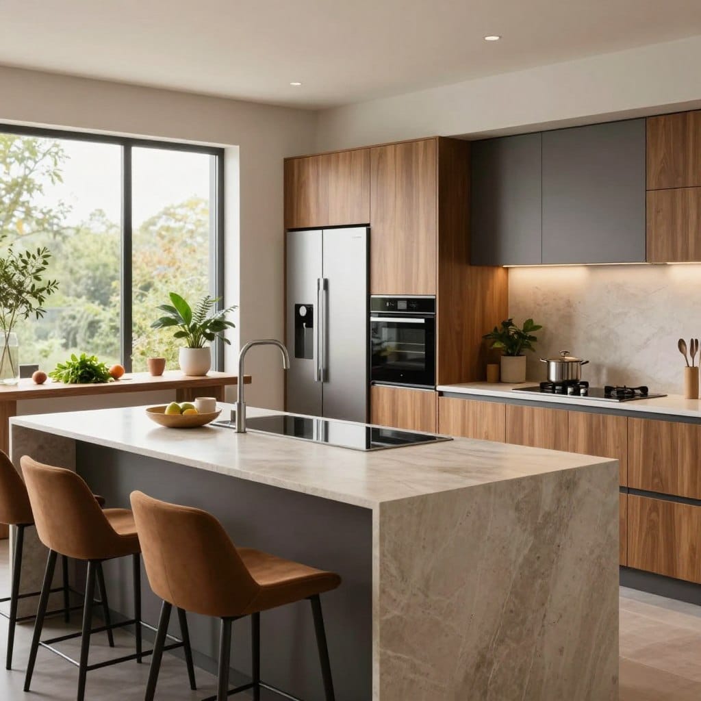A contemporary kitchen design for 2026, focusing on sleek innovation and eco-friendly materials. In the foreground, a spacious island with a polished stone countertop, surrounded by modern bar stools in warm, muted tones. The middle ground features state-of-the-art appliances with a minimalist aesthetic, including an integrated refrigerator and a smart oven. Large windows bathe the room in natural light, highlighting a harmonious blend of wood and metal cabinetry. The background showcases a cozy dining nook with a wooden table, adorned with fresh herbs and plant decor, conveying a vibrant yet elegant atmosphere. The scene is captured with soft, diffused lighting, ideal for a clean, inviting mood, viewed from a slightly elevated angle to capture depth and dimension.